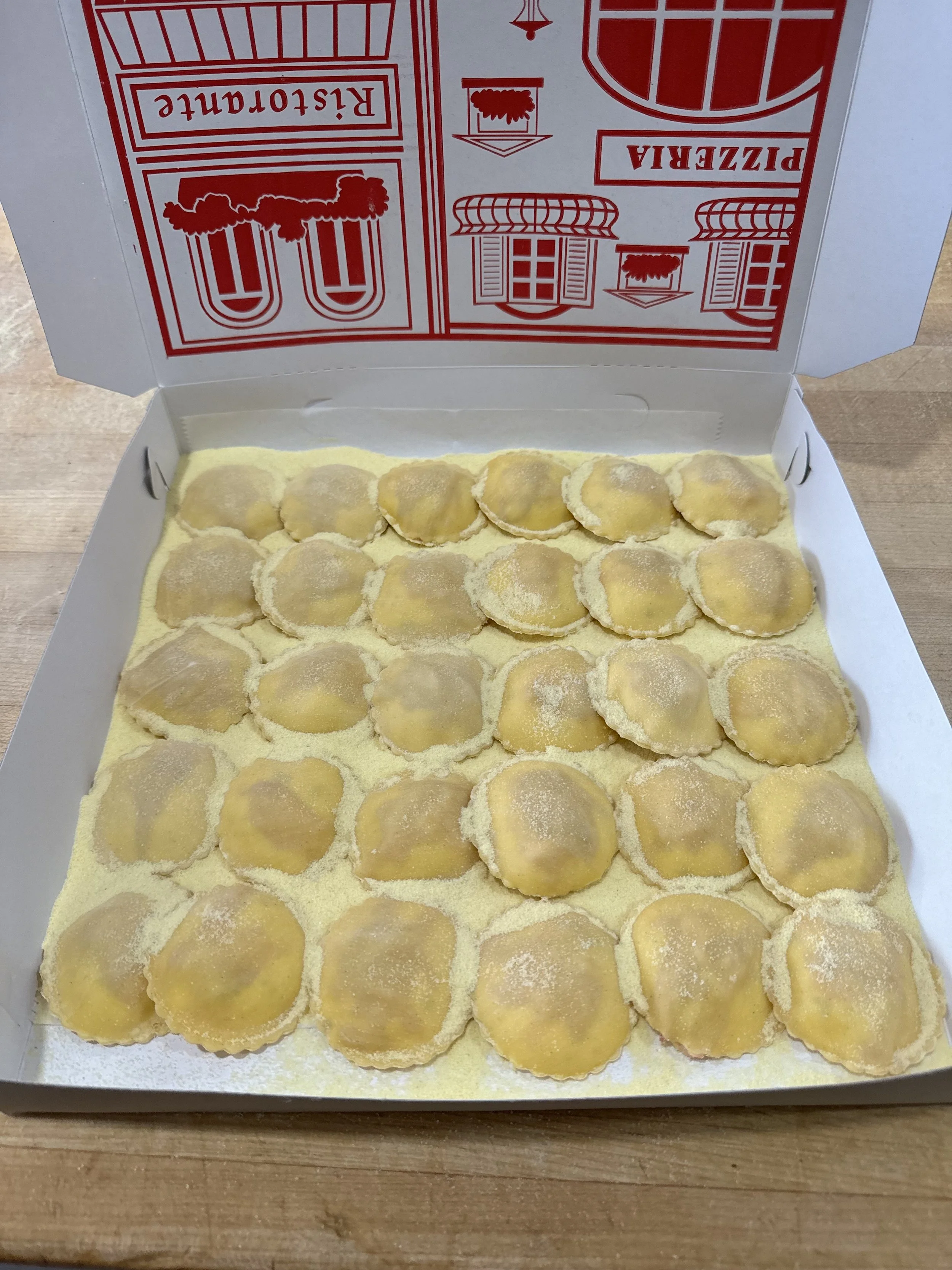 Raviolis boxed up to take home