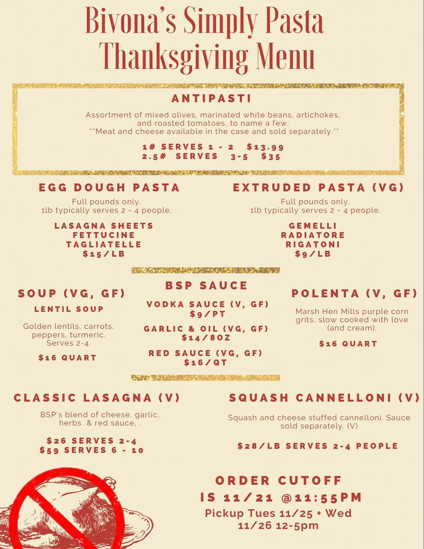 Gobble gobble gabagool 

Place your Thanksgiving orders for pickup Tuesday the 25th and Wednesday the 26th 12-5pm at the shop. 

Preorder closes Friday 11/21 at 11:55pm. 

Link to order in bio and on our website bivonassimply.com

Email us at pasta@b