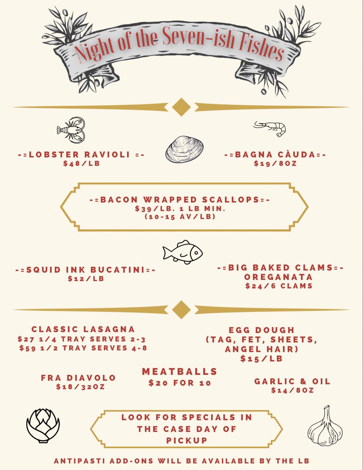 Seven-ish Fishes menu is Live. Link to order in bio and on our website.

Quantities are not unlimited, act now &amp; solidify your place at the table. 

We will have a special selection of cheeses, curated, packaged and presented by @laowai.eats to o