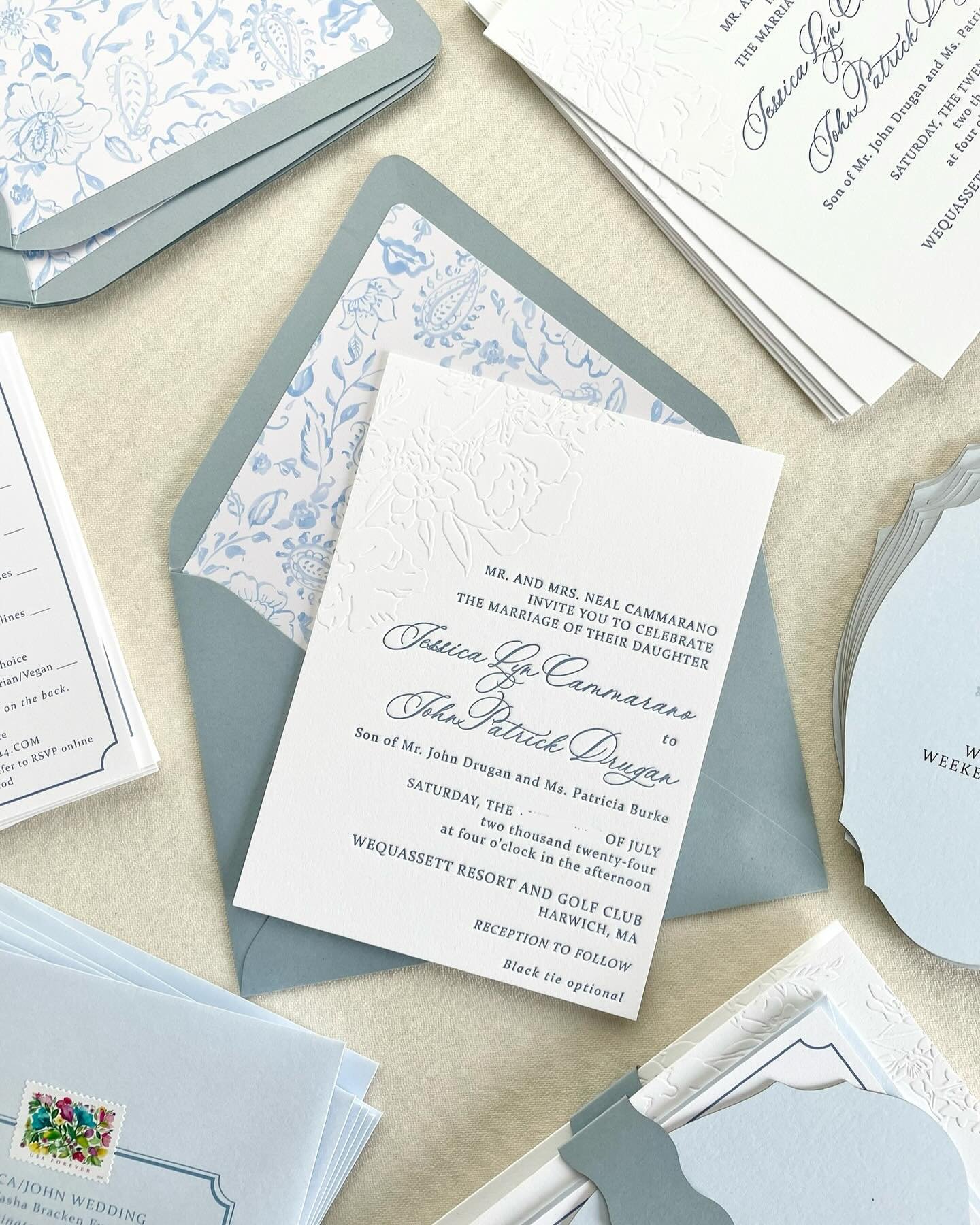 Emboss + letterpress invite, laser cut details card and belly band, floral liner and customized wax seal for the upcoming wedding 💙 with @tashabrackenevents