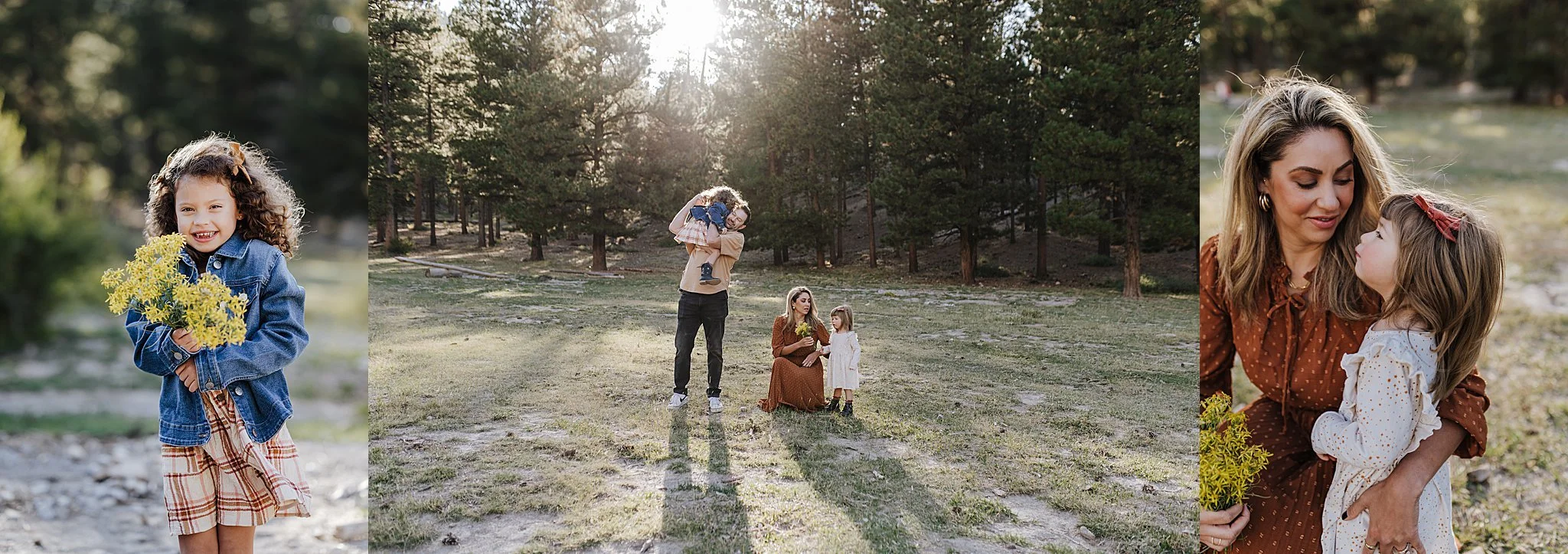 A family with autumn colored wardrobe with yellow wildflowers at Mt. Charleston.