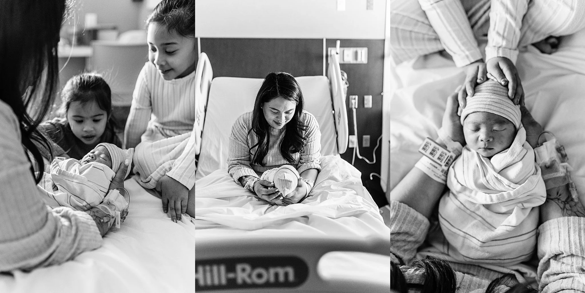 Black and white images of Las Vegas family with one day old baby sister during their newborn Fresh 48 session.