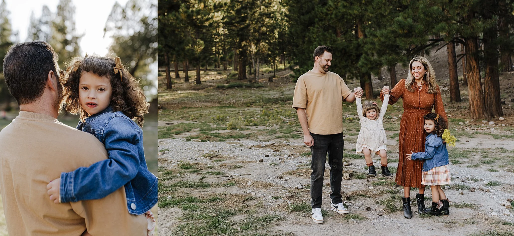 A family session at Mt. Charleston, and the parents are swinging their daughters around in a playful way.