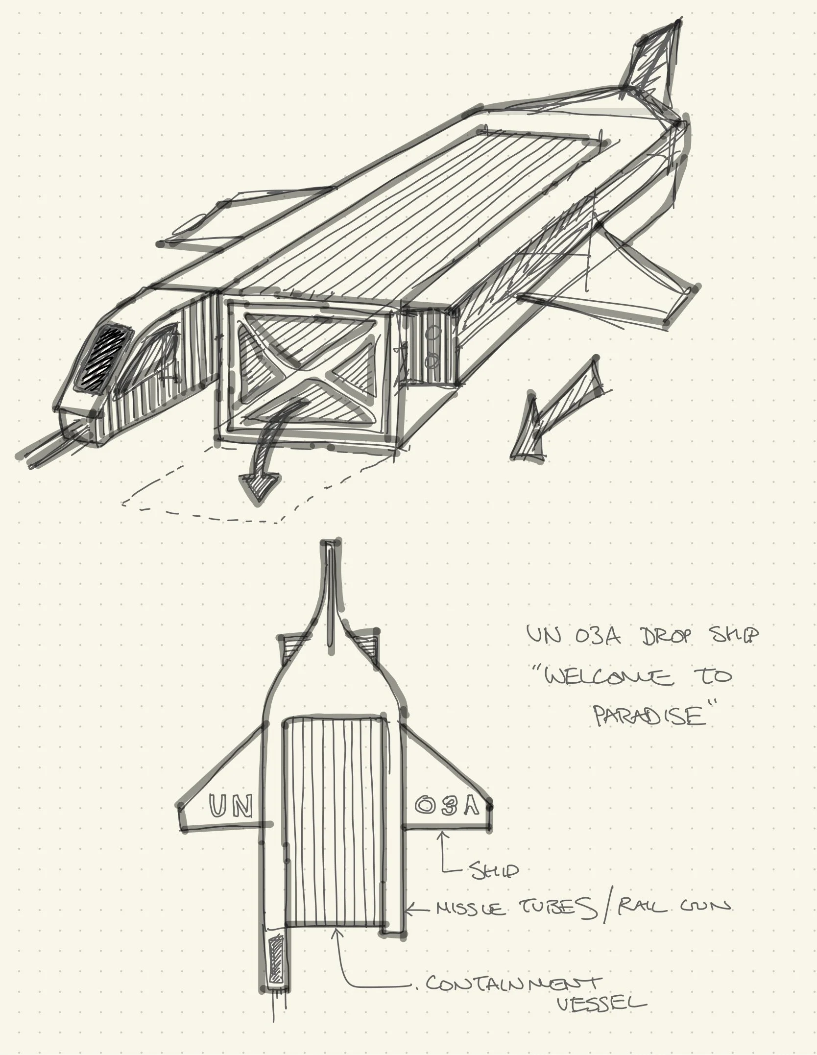 QUICKER THAN YOU CAN SAY, “YOU’VE SEEN ALIENS, RIGHT?” I SKETCHED OUT THIS DROP SHIP!