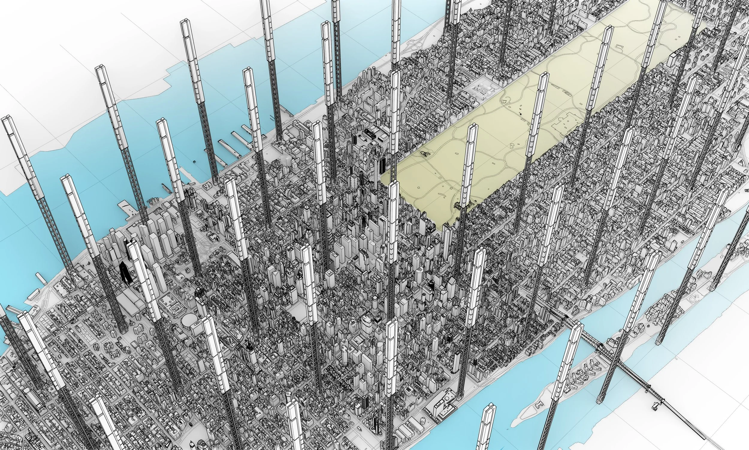 A DETAIL IMAGE FROM THE MI PRODUCED NY MASTERPLAN PROPOSAL. THE LAYOUT OF THE TOWERS BEARS NO RELATION TO EVENTS AND LANDSCAPE AT GROUND LEVEL . . .