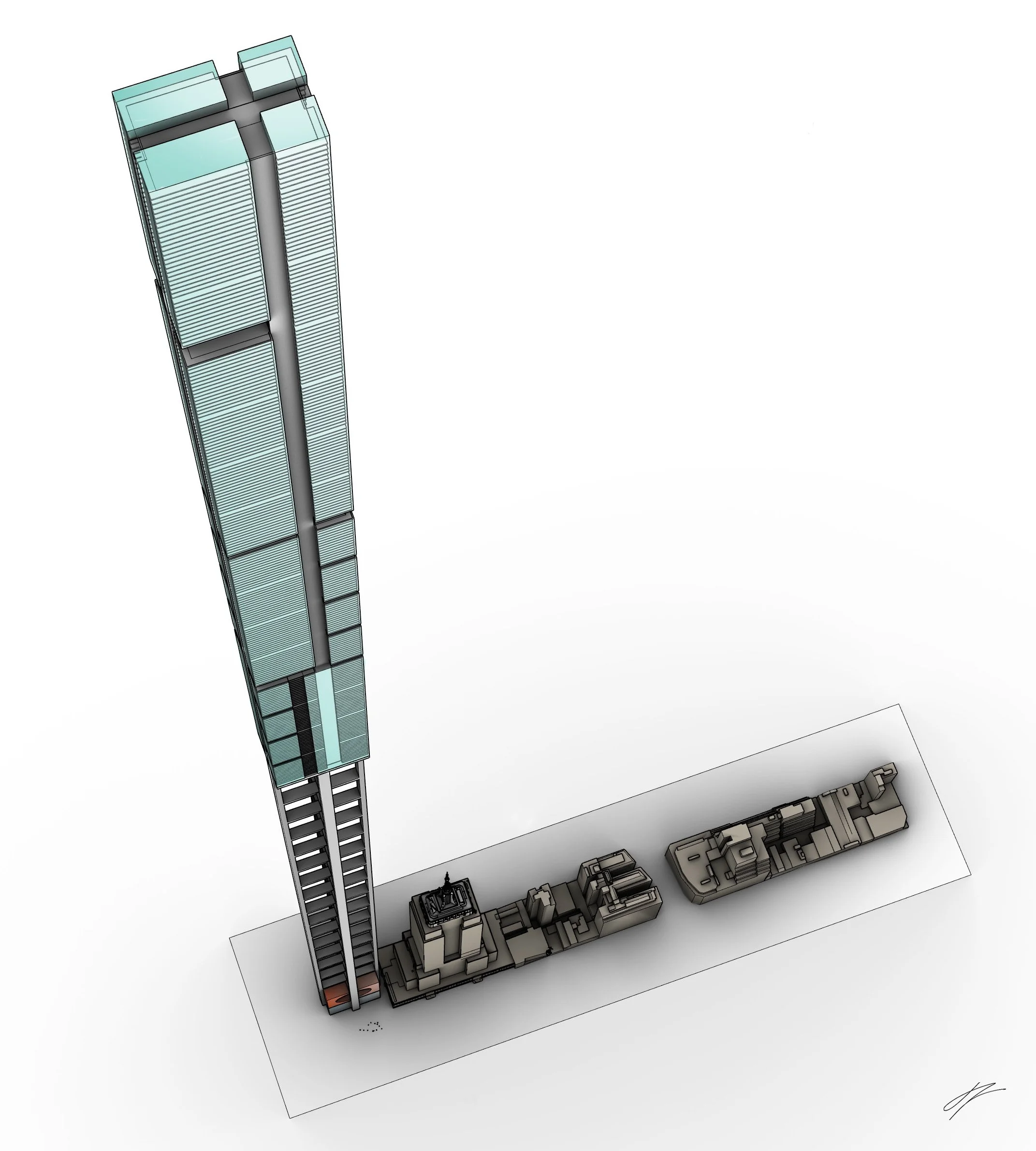 THIS VIEW OF TOWER ONE (WITH THE EMPIRE STATE WAY DOWN BELOW) SHOWS THE LIVING FLOORS BUILT AROUND THE CENTRAL BRACED COLUMN.