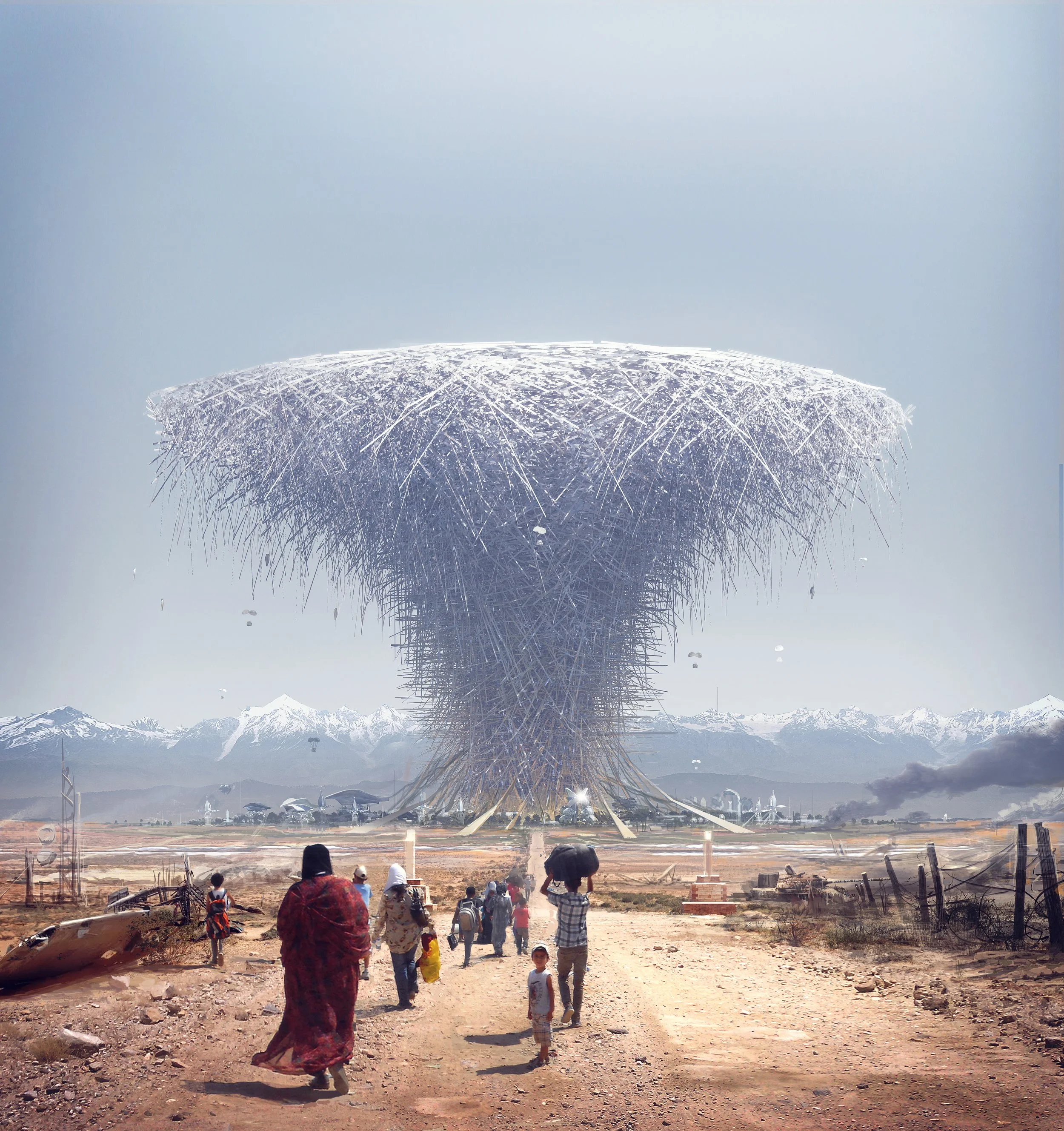 A SKYSCRAPER COMPETITION ENTRY FROM 2015: “LIFE TREE.” NANOSCOPIC SEEDS ARE PLANTED IN DESOLATE AREAS; THEY GROW INTO MACHINE ‘TREES’ THAT GROW NEW CITIES. I’M ALWAYS THINKING ABOUT SCI-FI, EVEN WHEN NOT.