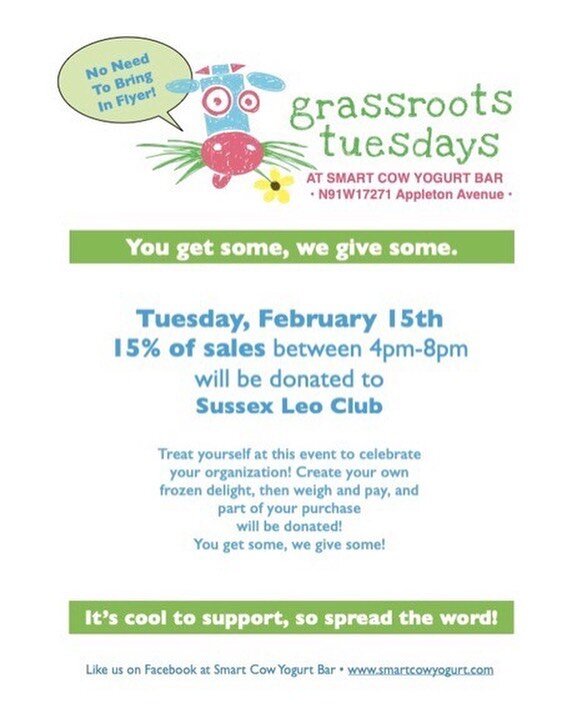 Come to Smart Cow on Tuesday, February 15 to support Leo Club!! The profits will go toward club expenses and improving our Lions Daze booth. Tell your family and friends!!