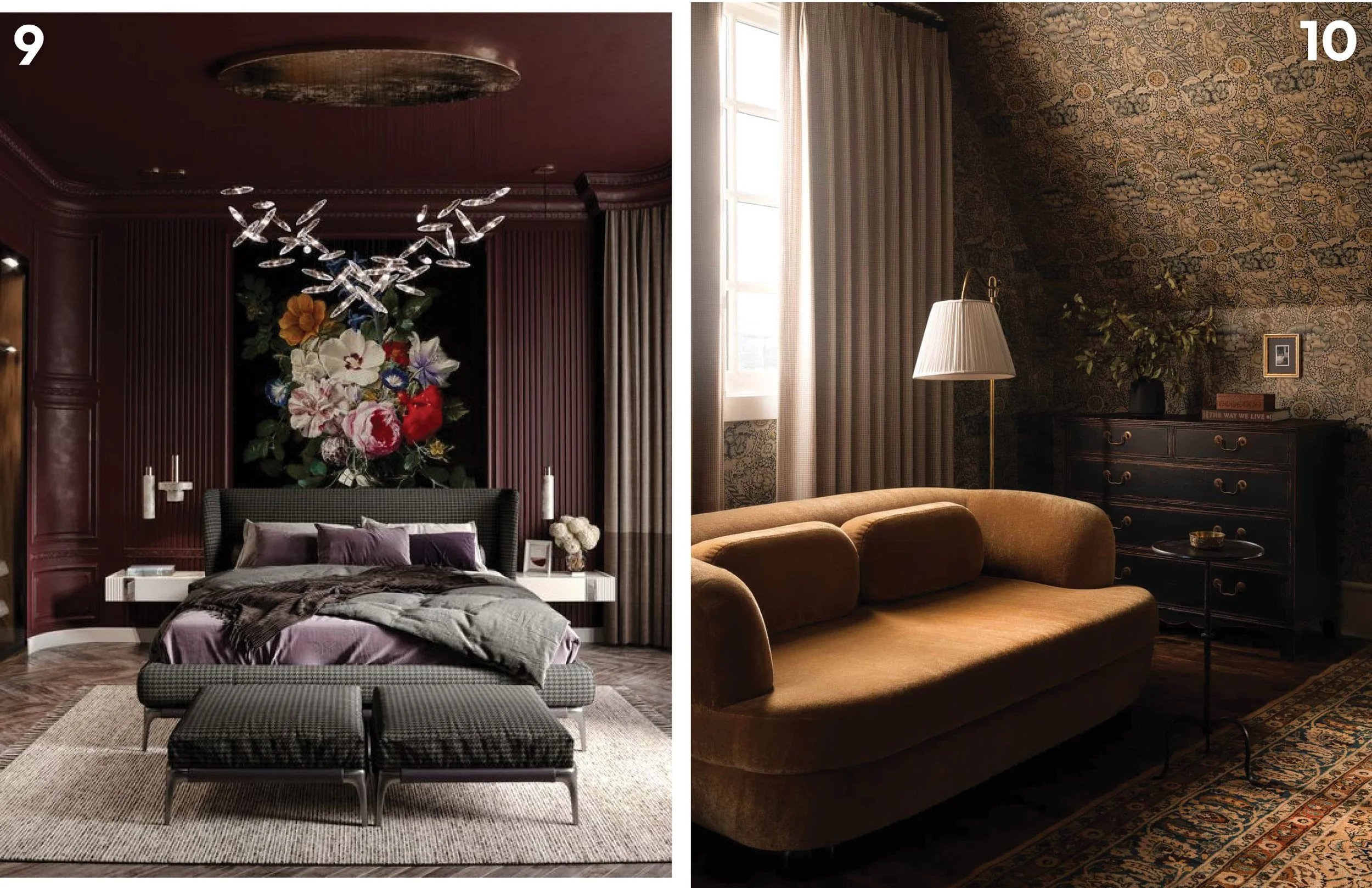 Luxury bedroom and sitting room with full-height drapery demonstrating how motorized window treatments integrate seamlessly into sophisticated interiors.