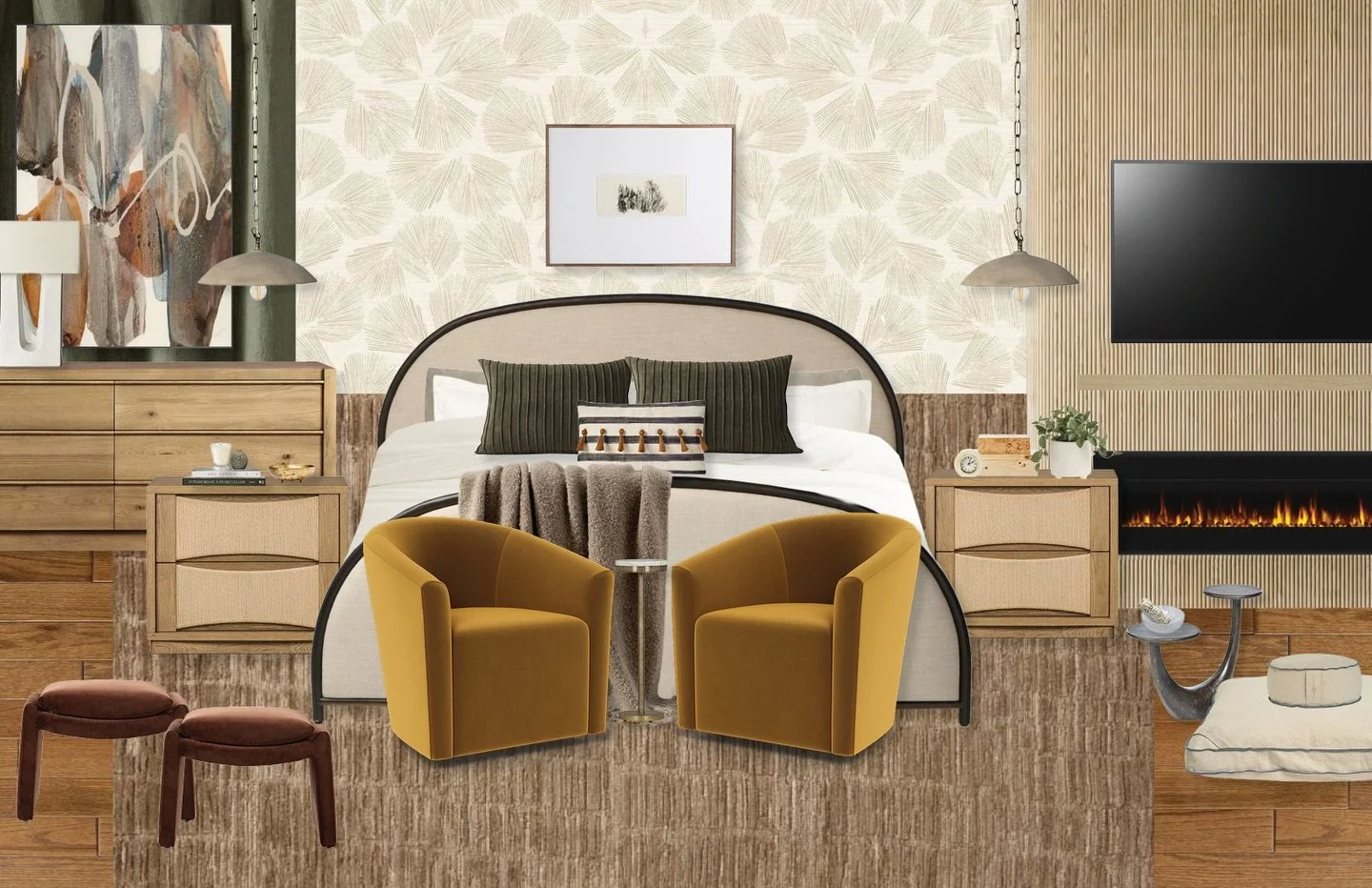 A primary bedroom with cozy layers, warm textures, and boho touches that turn every snow day into a stay-in retreat ❄️✨

&bull;
&bull;
#moodboardmonday #louisvilleinteriordesign #louisvilleinteriordesigner #louisvilleinteriors #louisvillebusiness