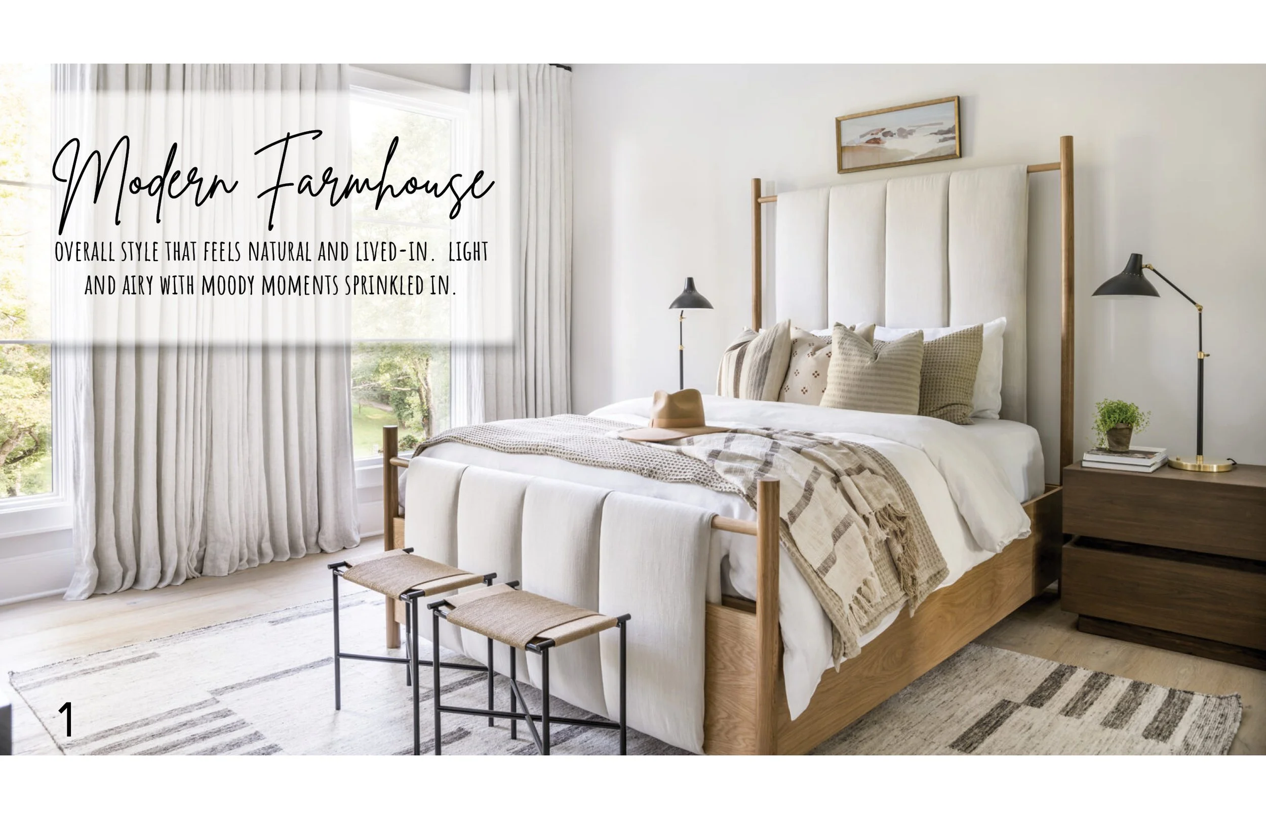 Modern farmhouse bedroom featuring a wood canopy bed, layered neutral textiles, and soft natural light with subtle moody accents.