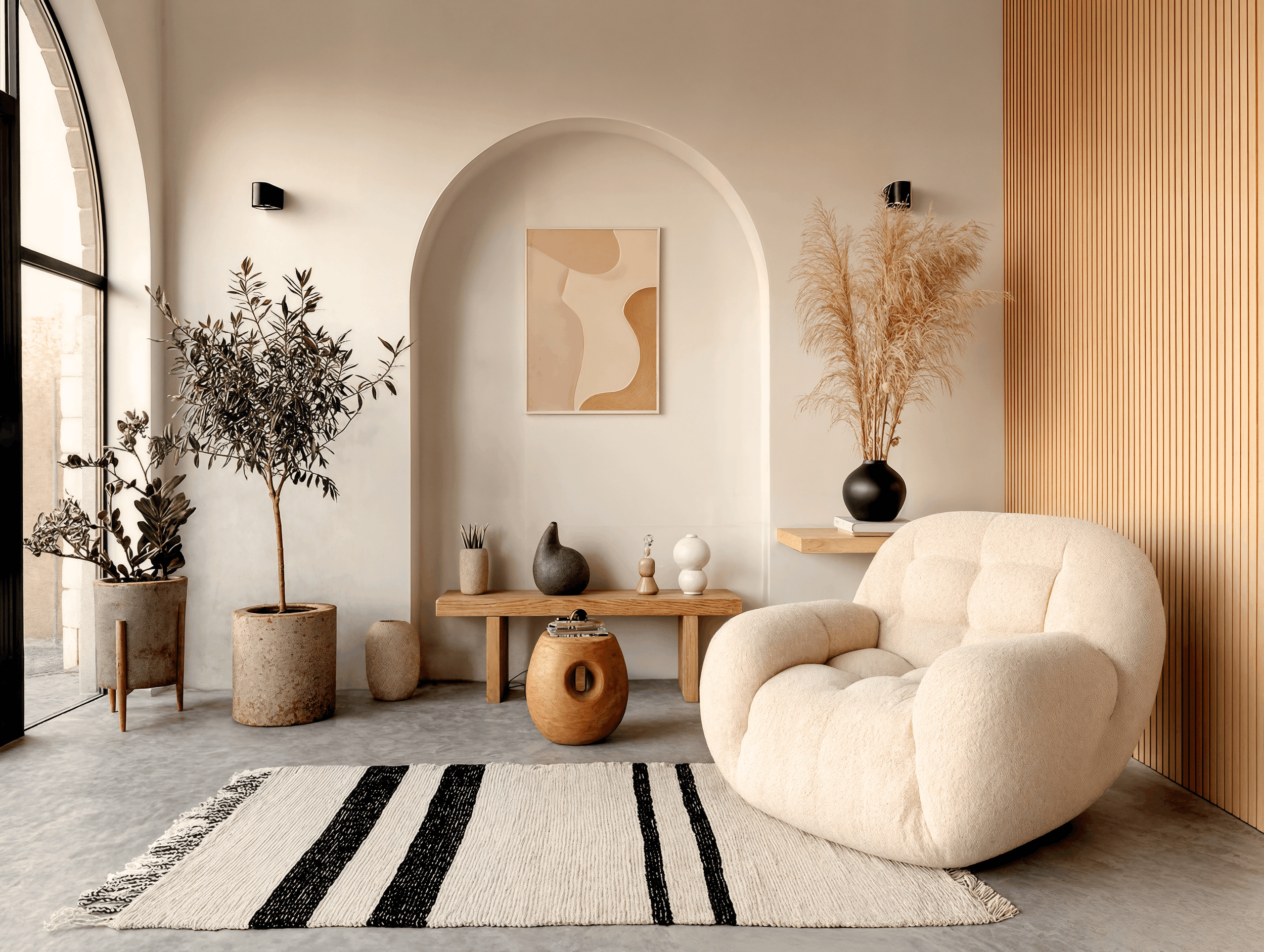 Warm minimalist living room with a bouclé lounge chair, wood bench console, arched art niche, and striped flatweave rug.
