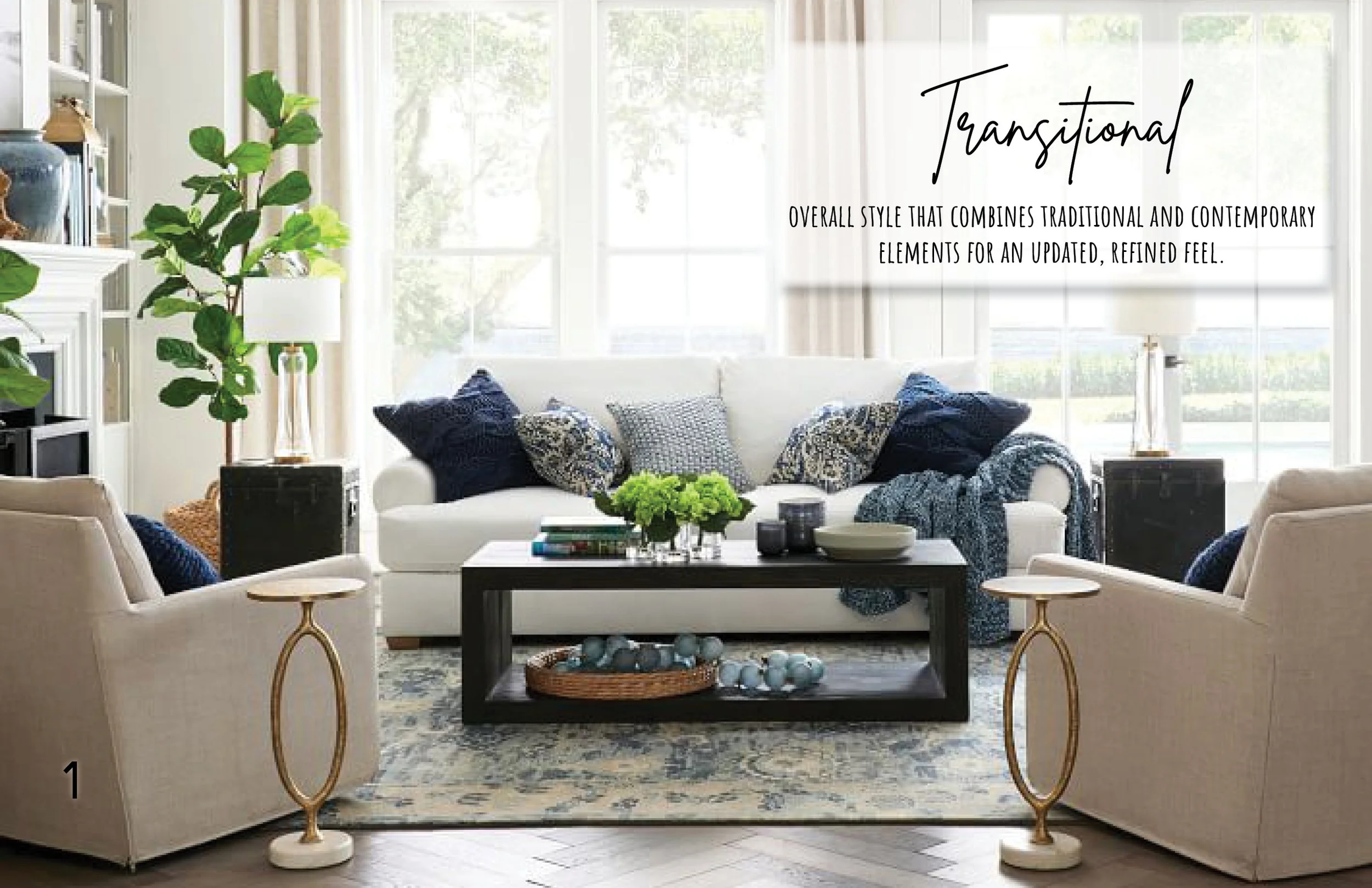 Transitional living room with floor-to-ceiling drapery panels, layered blue accents, and large windows that soften natural light.