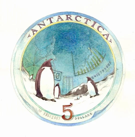 Antarctican Dollar Design, watercolor, 2008.