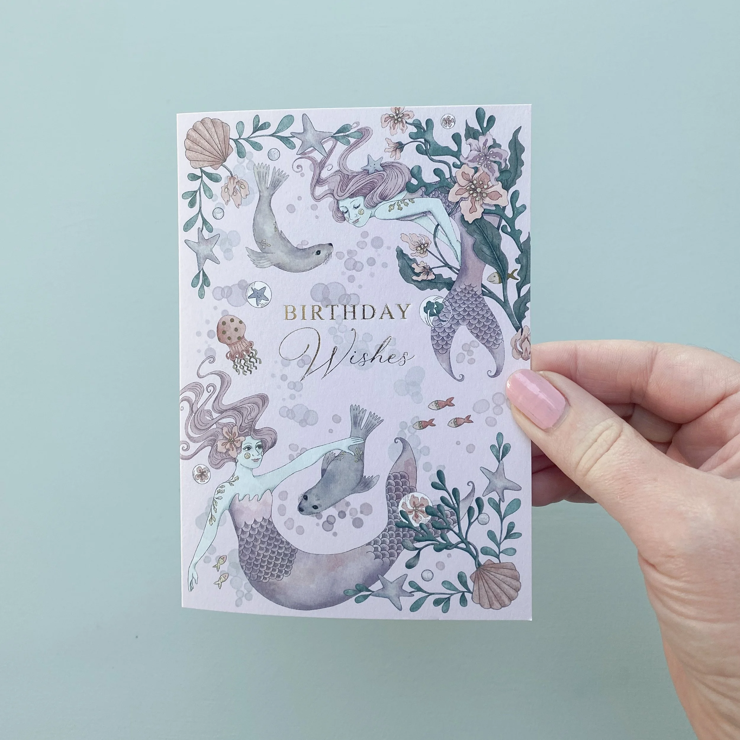 Foiled pink mermaid birthday card.