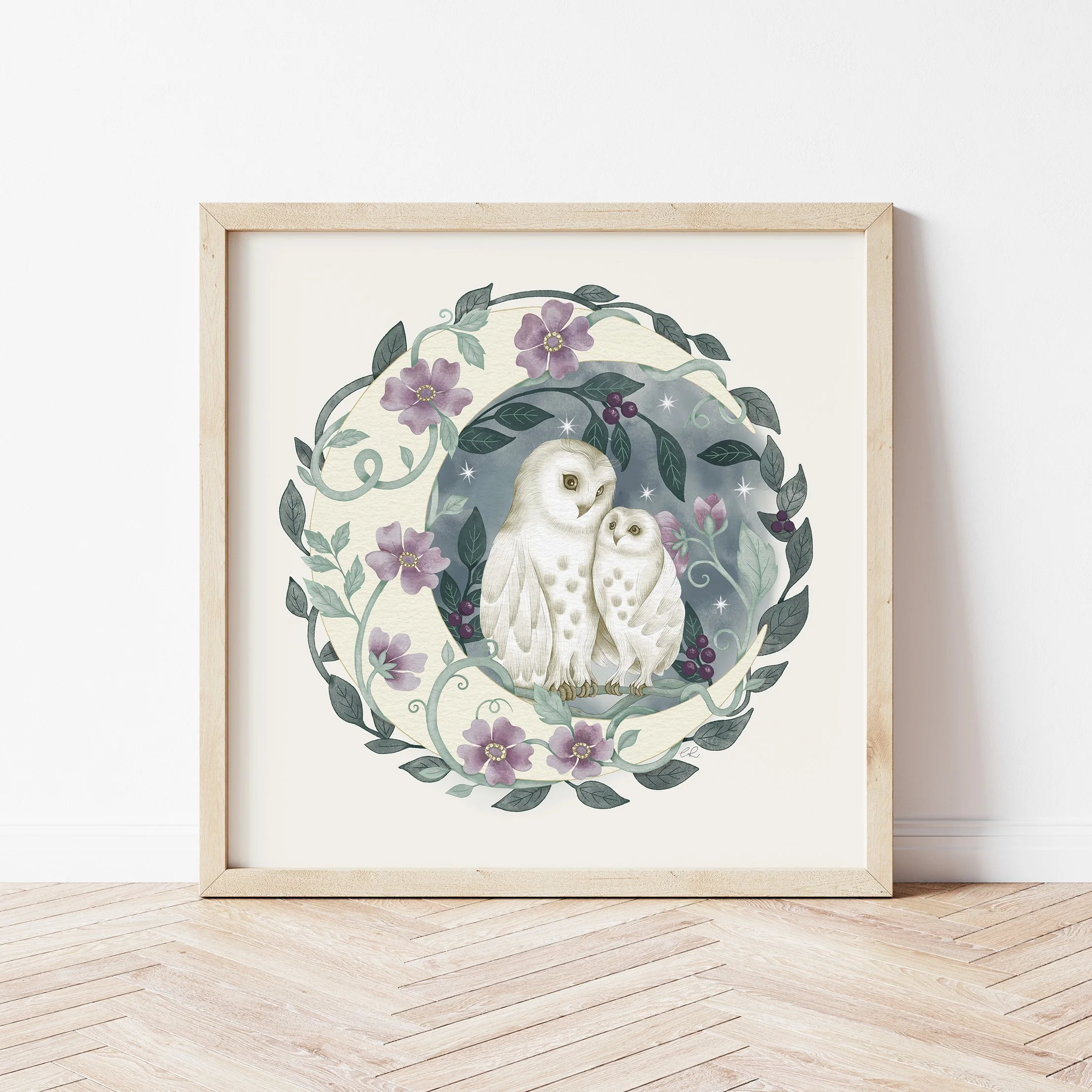 Owls on floral moon art print.