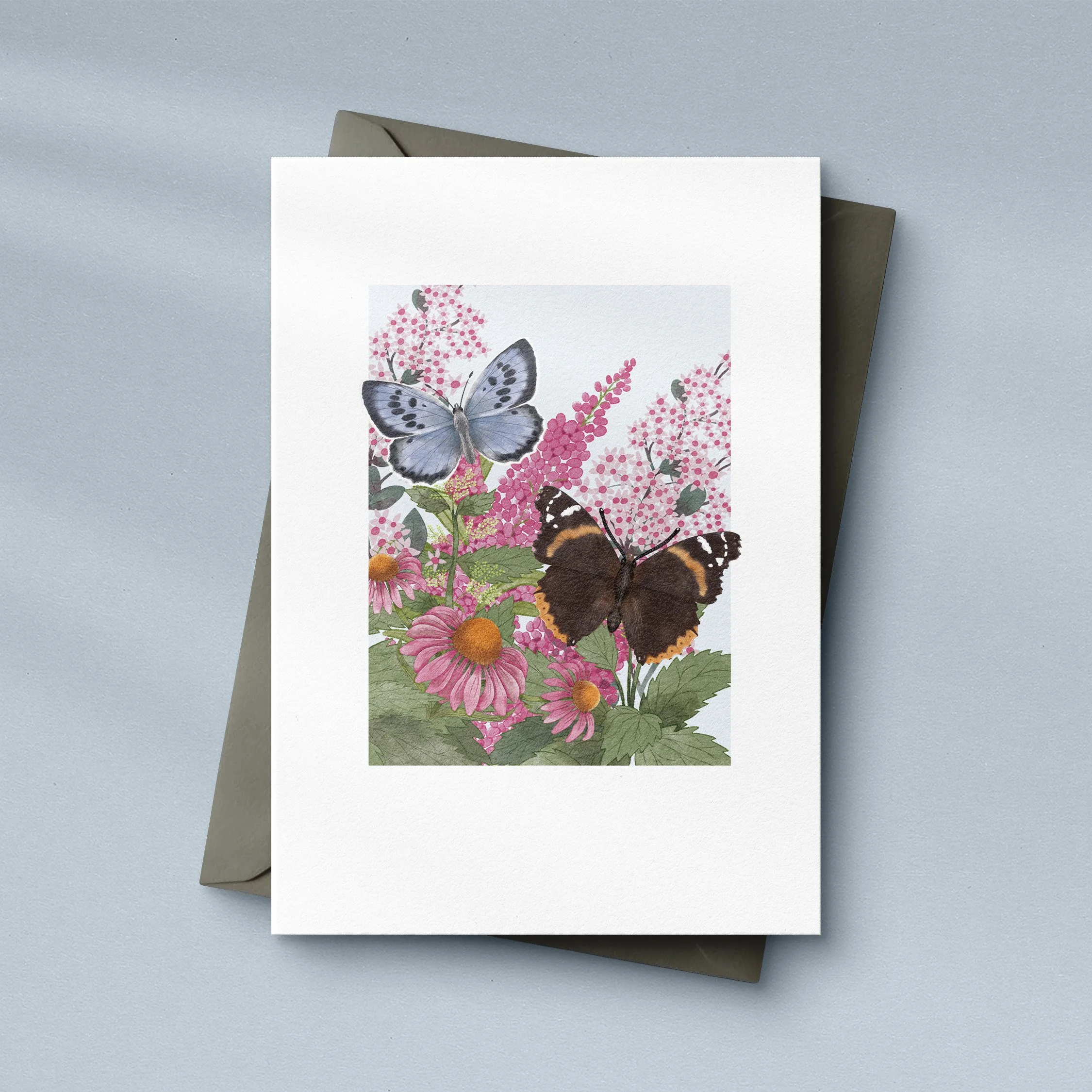 British butterflies watercolour card sat on a dark grey envelope. The butterflies featured are a Large Blue and a Red Admiral. The flowers featured are echinacea, sedum and buddleia. a