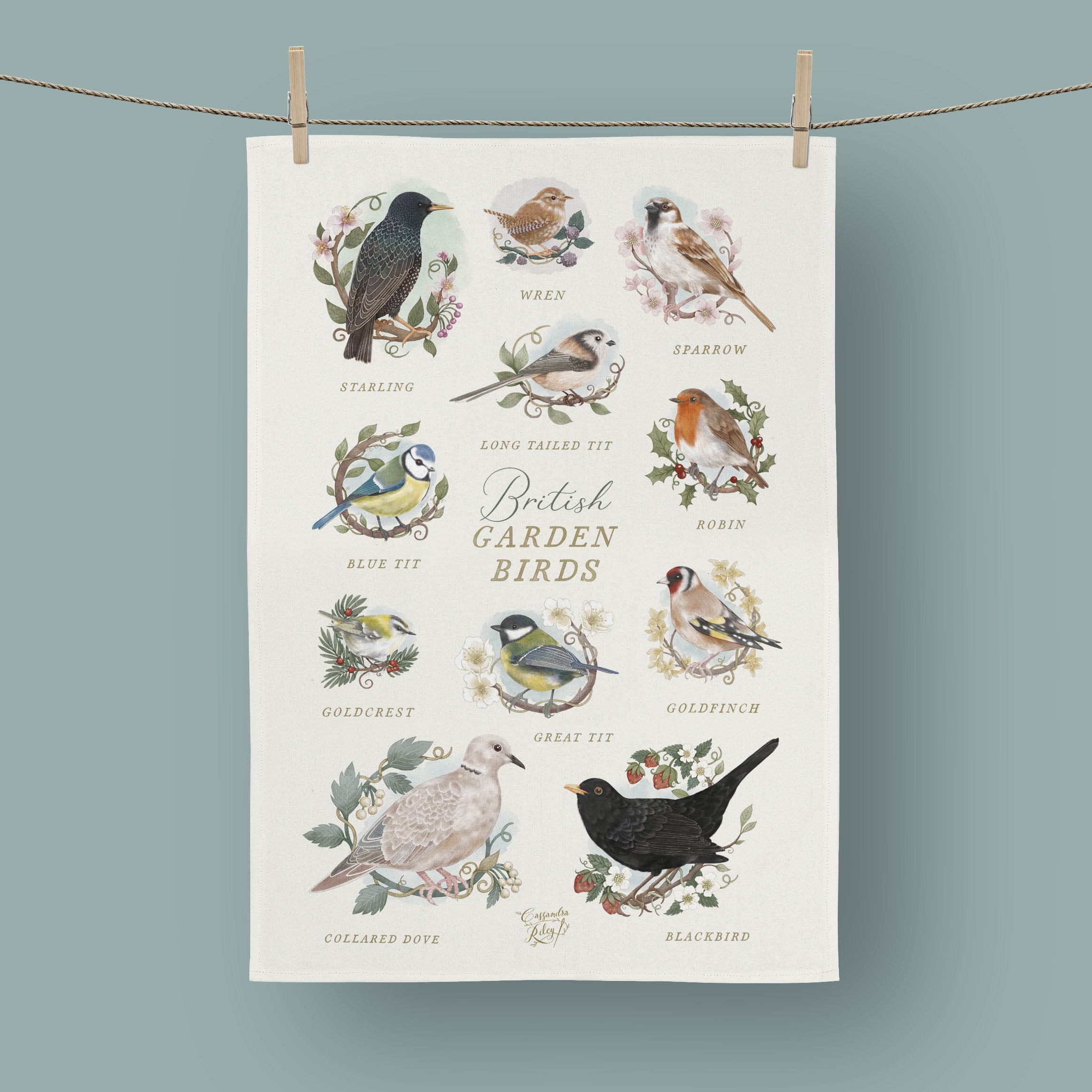 British Garden Bird cotton tea towel