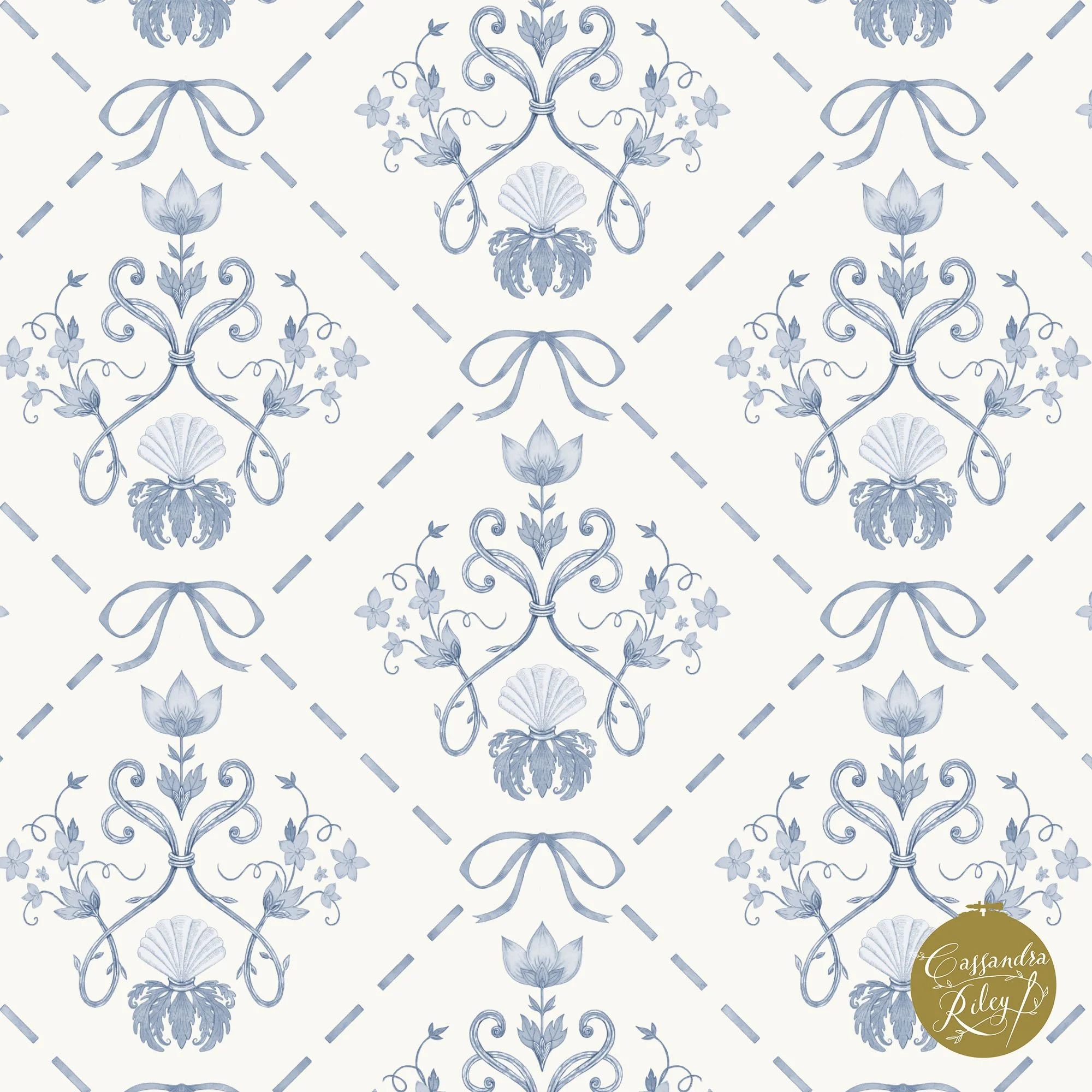Blue and white shell and bow pattern.