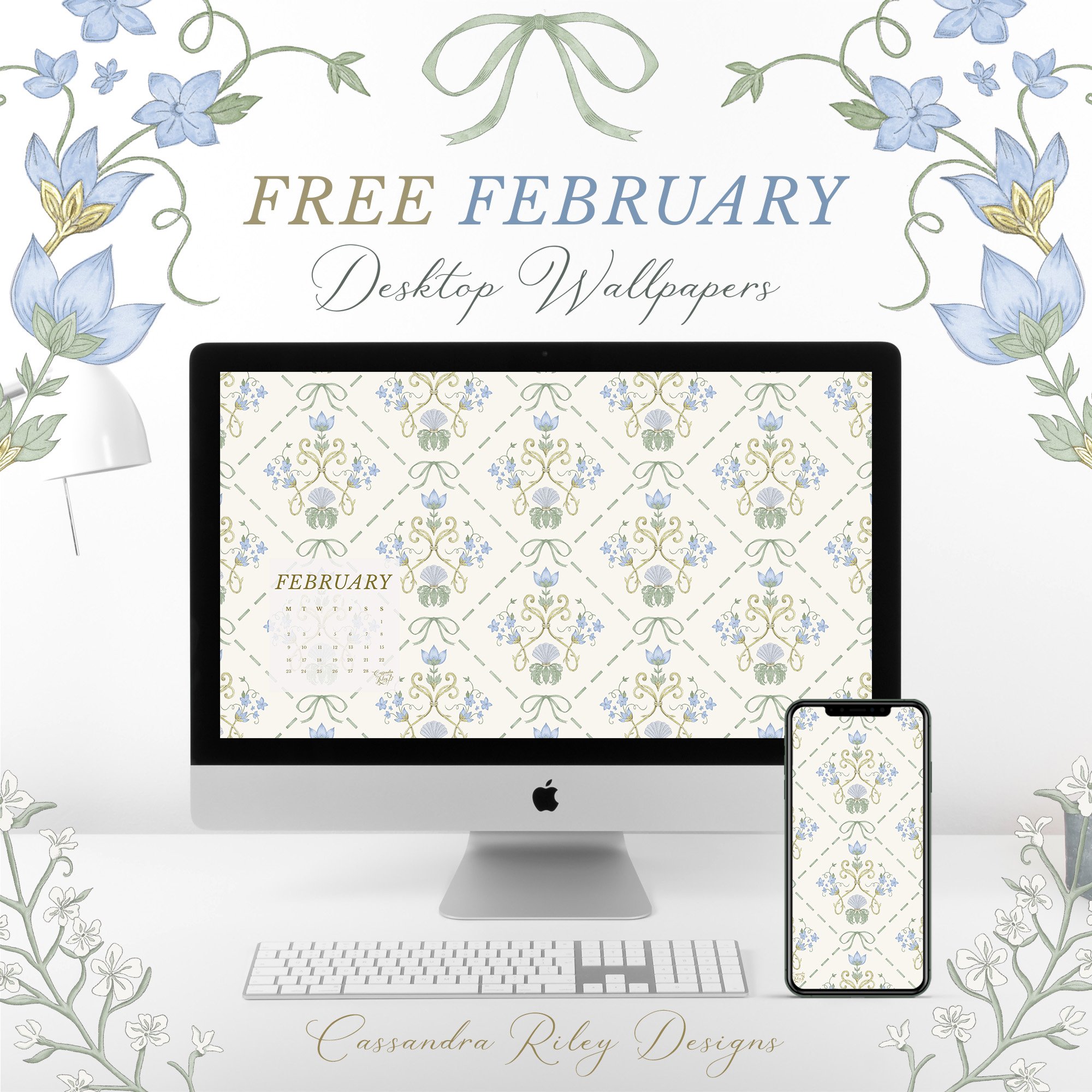 Rococo Bows & shells digital wallpaper displayed on a computer screen and a phone. Text reads Free February Desktop Wallpapers by Cassandra Riley Designs.