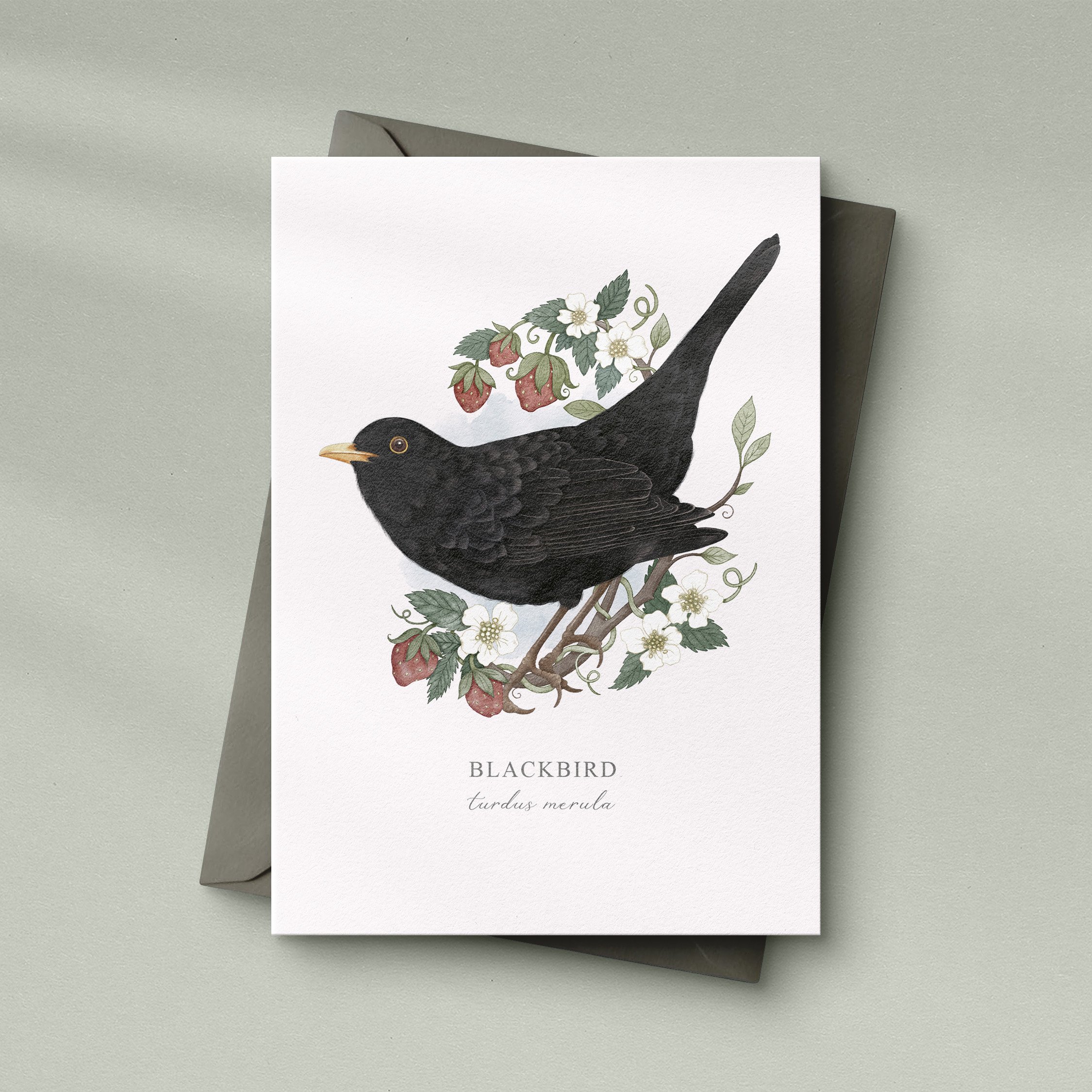 Blackbird watercolour greeting card sat on a grey envelope.