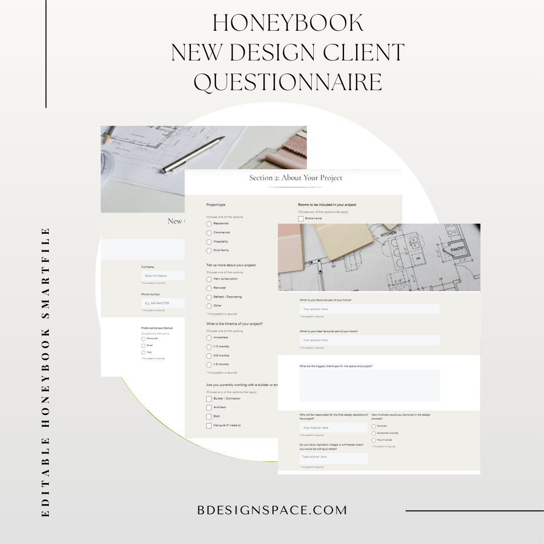 New Interior Design Client Questionnaire for HoneyBook — B Design+Space, image size:1080x1080