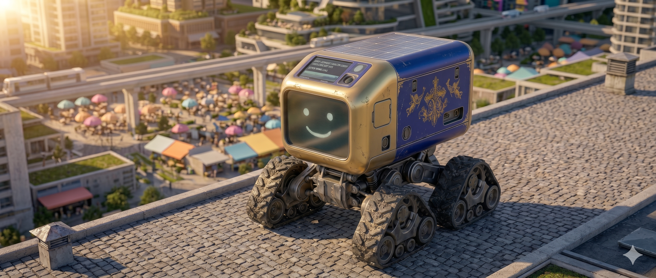 A  friendly and slightly scuffed up delivery robot, bearing a smiling emoji face with gold and blue livery that hints at his religious roots