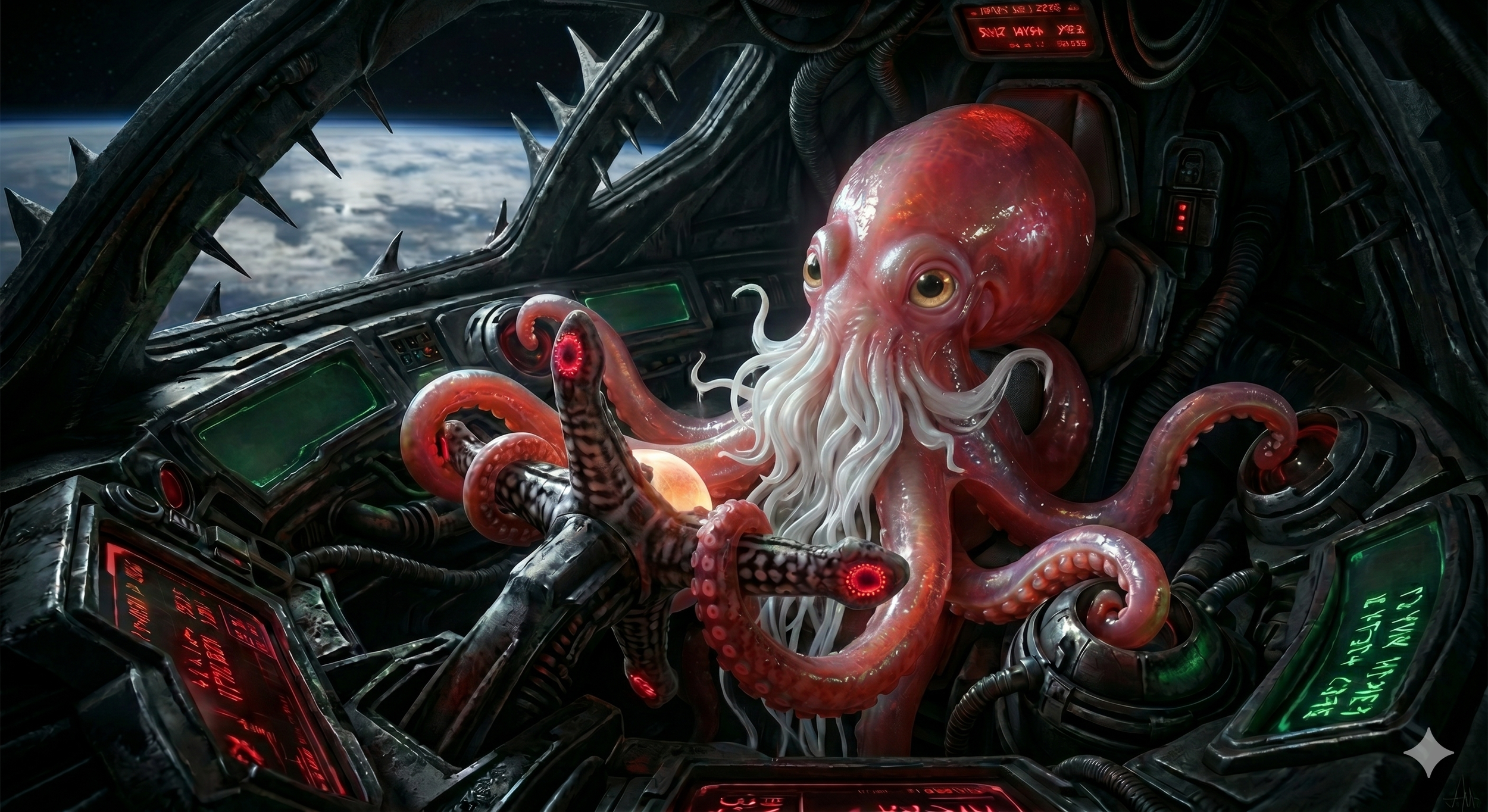 A translucent red alien that looks like an Octopus version of Santa Claus pilots a gothic-looking spacecraft