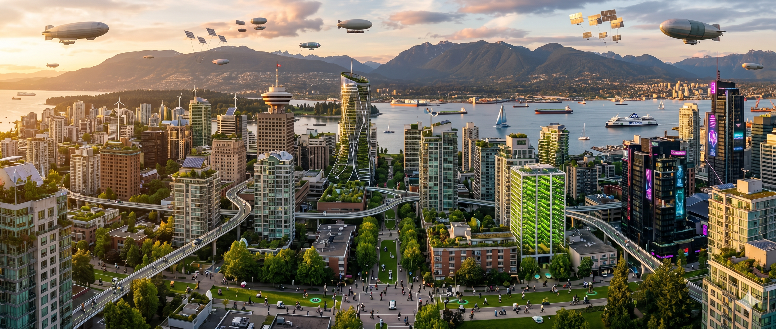 Solarpunk Vancouver, featuring recognizable buildings, mixed with futuristic sustainable buildings and vertical farms, airships, flying solar arrays and no cars