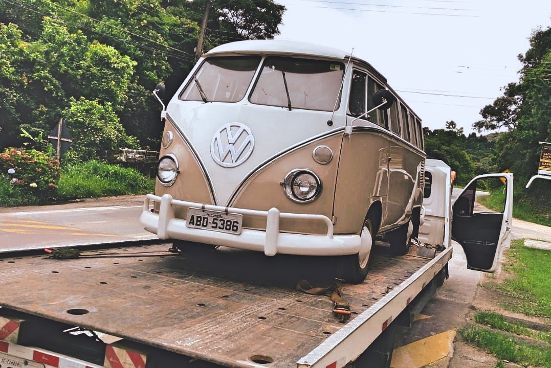 Vintage Volkswagen van on a flatbed truck, surrounded by greenery.