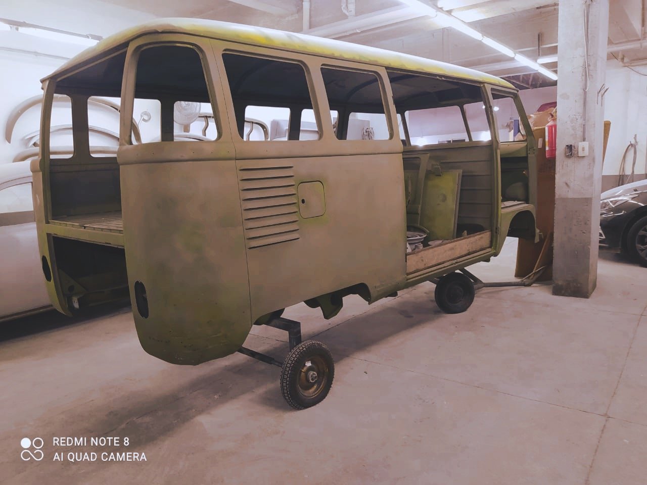 Vintage van shell in restoration workshop