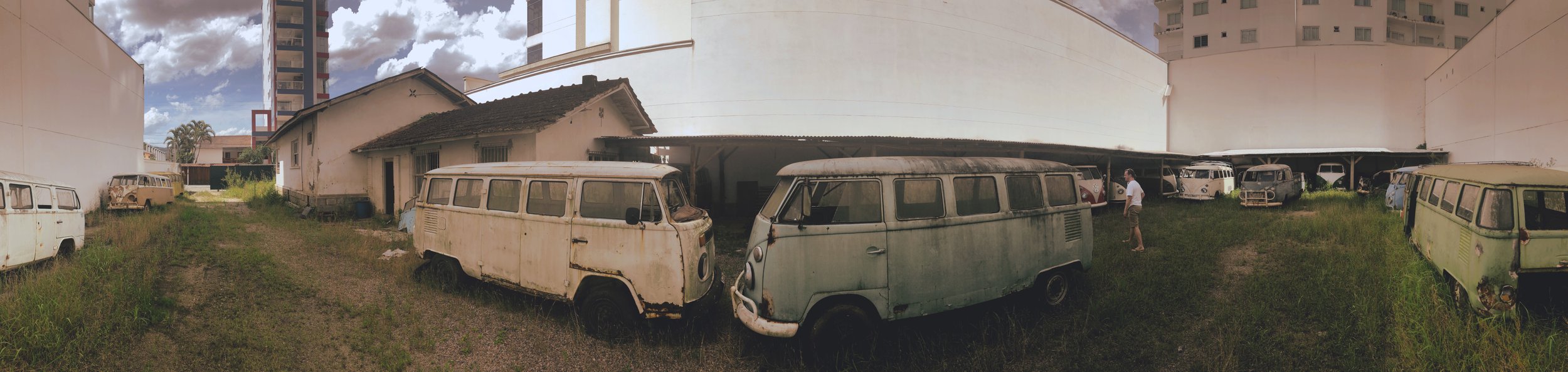 Abandoned vintage vans parked in a grassy lot between buildings.