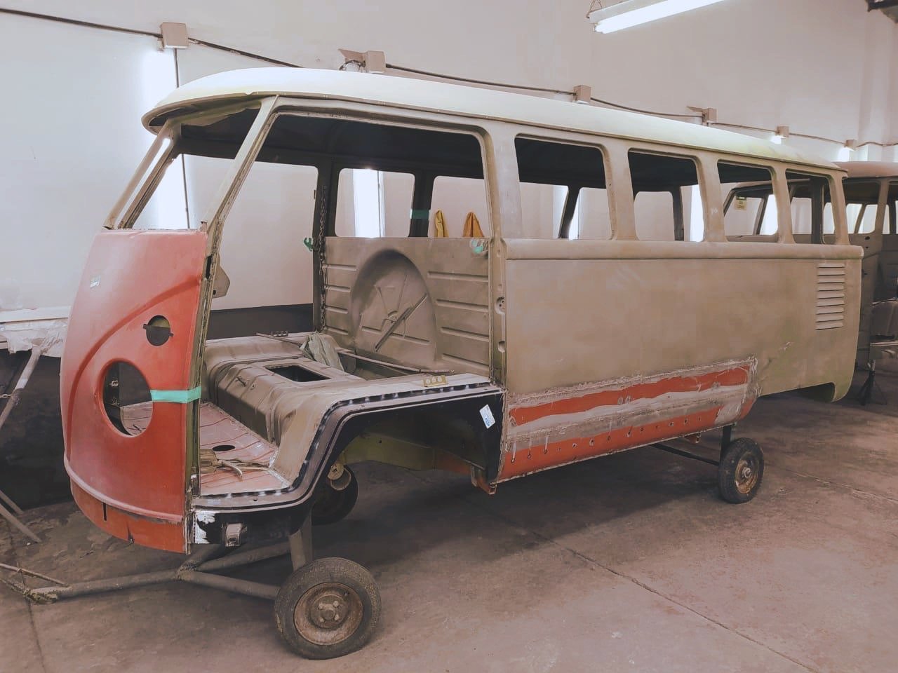 Restoration of a classic van shell in a workshop