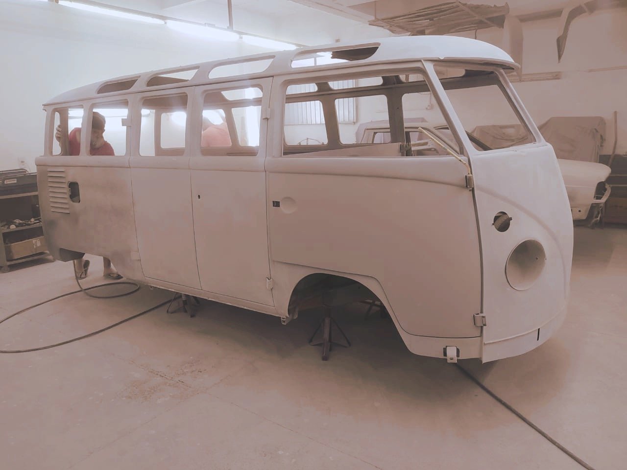 Vintage van in restoration, workshop setting
