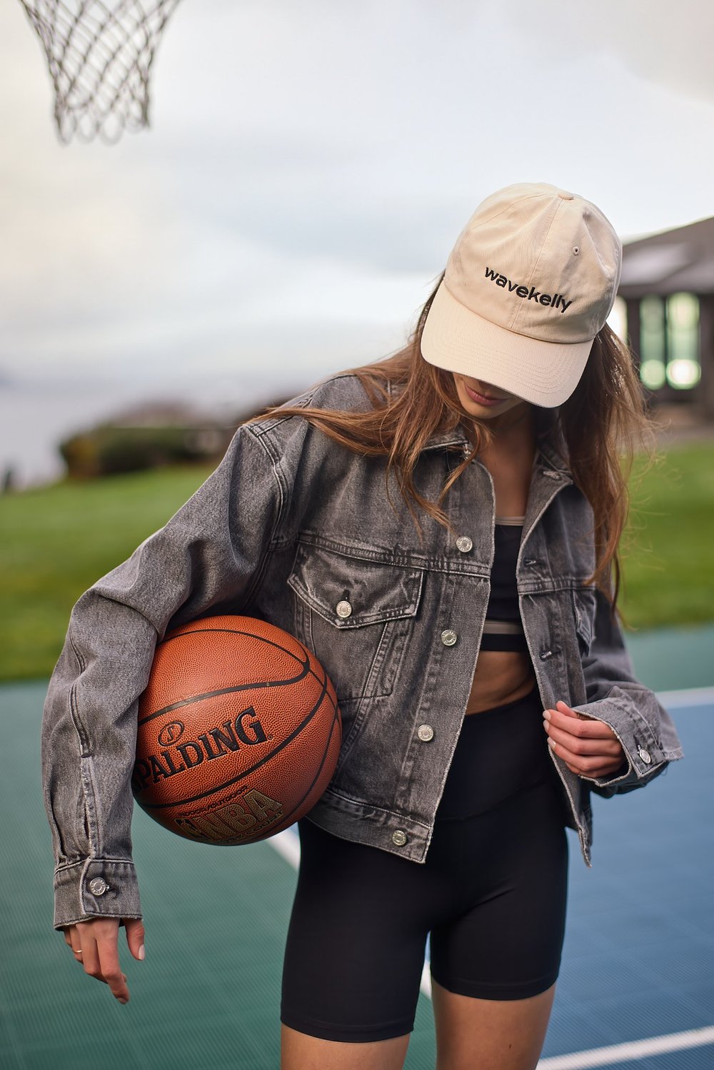  Wavekelly dad hat, $54, AGOLDE jacket, $298, Splits59 double strap bra, $82, and high-waist short, $68.