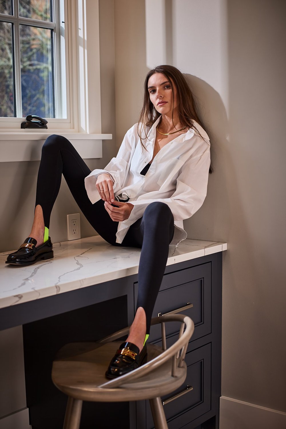 WaveKelly oversized button down shirt, $68, Richer Poorer classic bralette, $36, WaveKelly high waisted rib stirrup pant, $118.