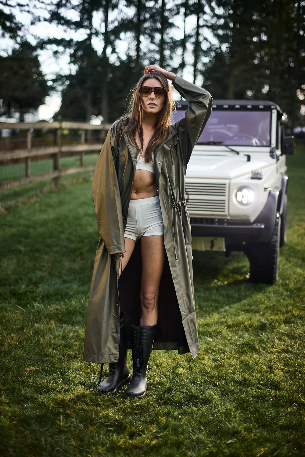 Valley Eyewear sunglasses, $260, Rains waterproof jacket, $210, Richer Poorer classic bralette, $36, and boxer brief, $28.