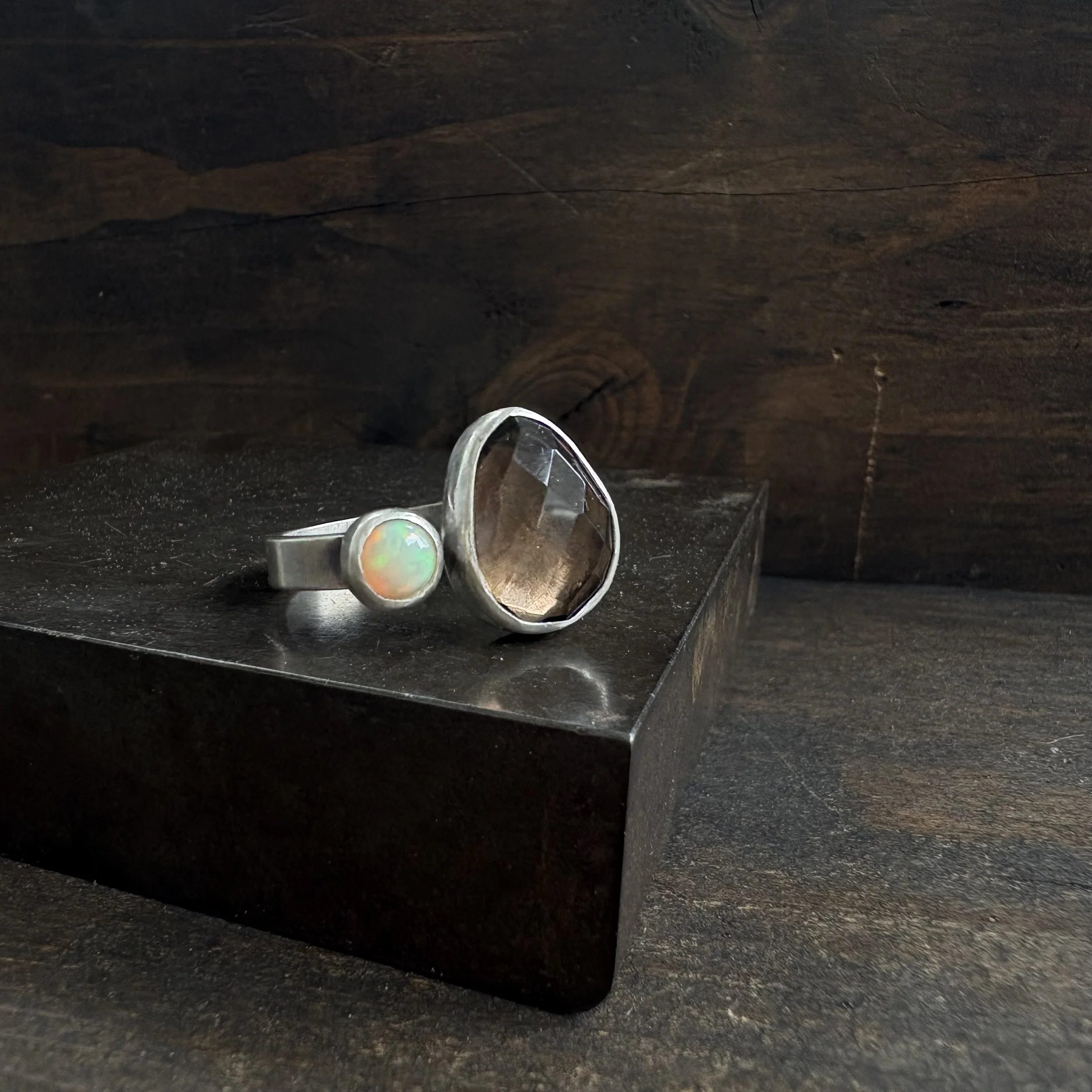 Ethiopian Opal & Smoky Quartz Double Stone Ring