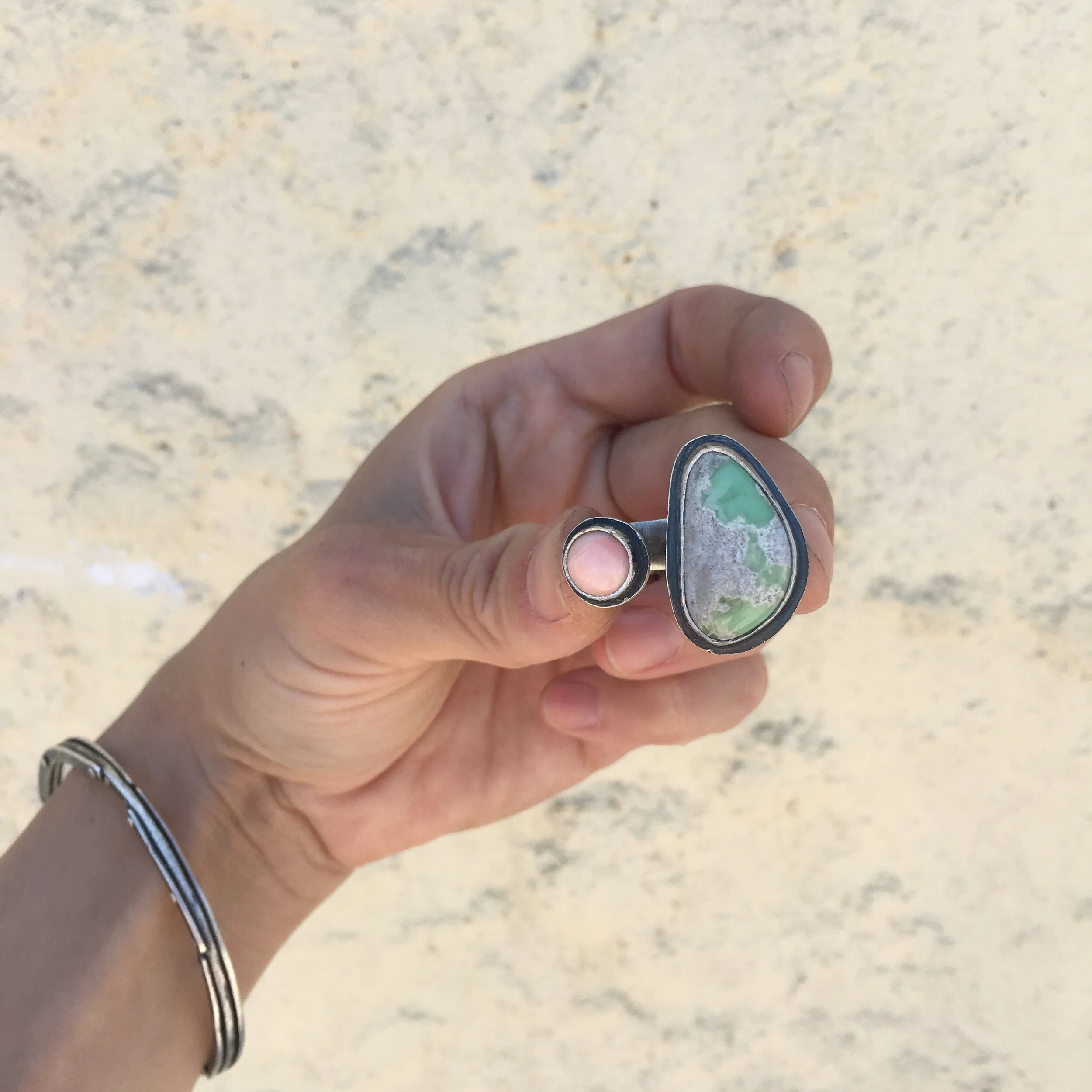 Peace Jade &amp; Pink Coral Double Stone Ring # 2