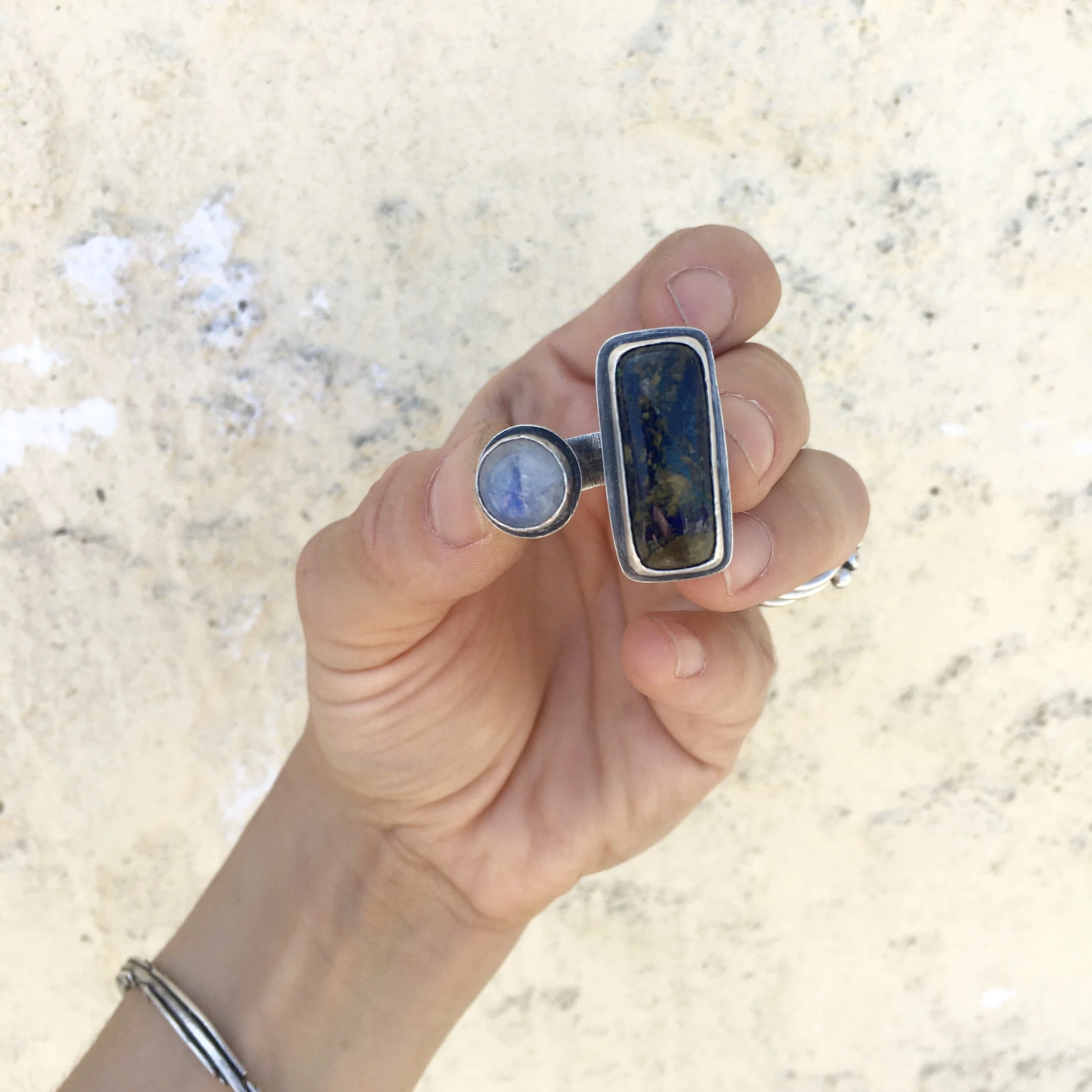 Pietersite &amp; Rainbow Moonstone Double Stone Ring # 4