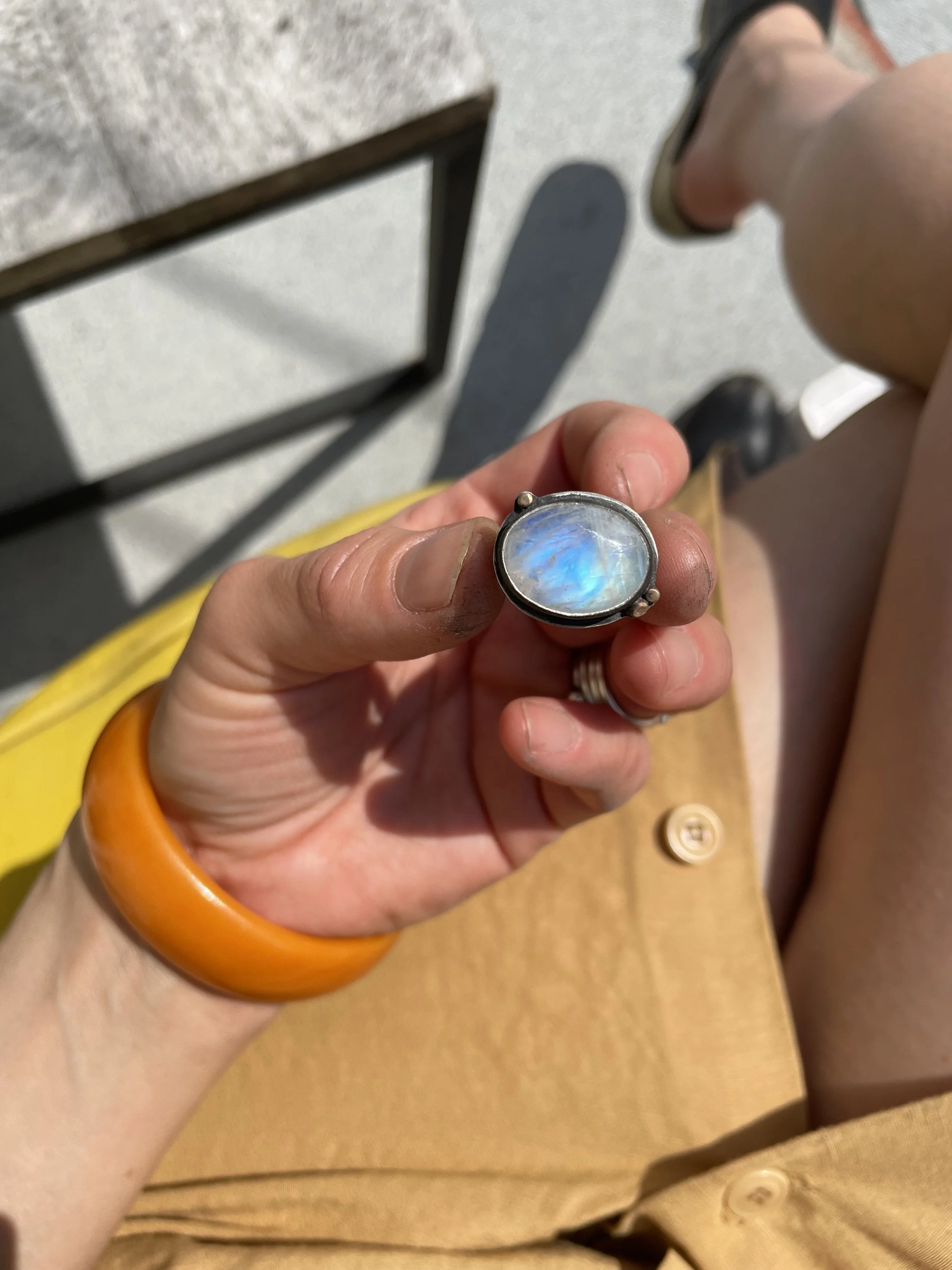 14k Gold Dots Rainbow Moonstone Ring