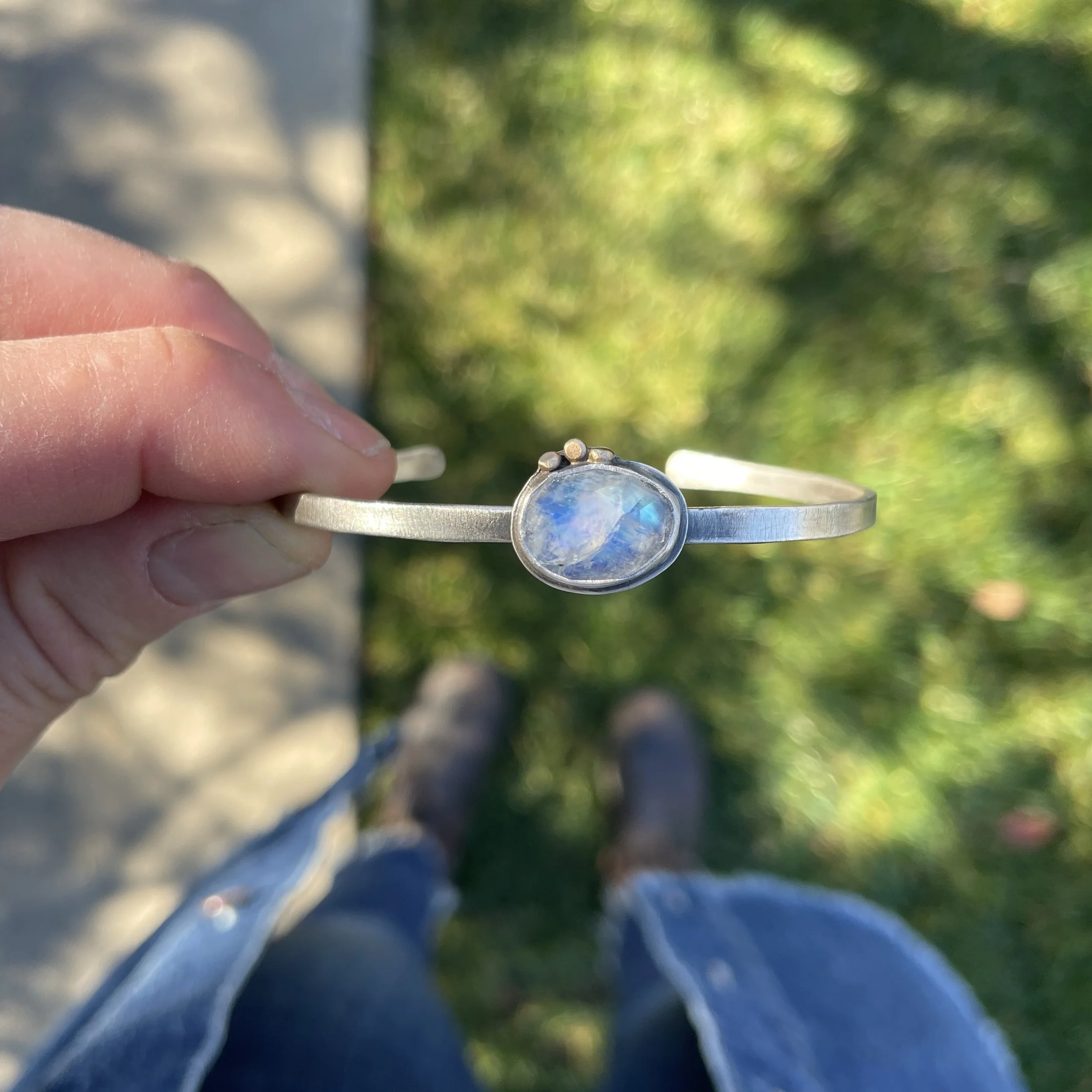 Rainbow Moonstone Cuff with 14k Gold Dots