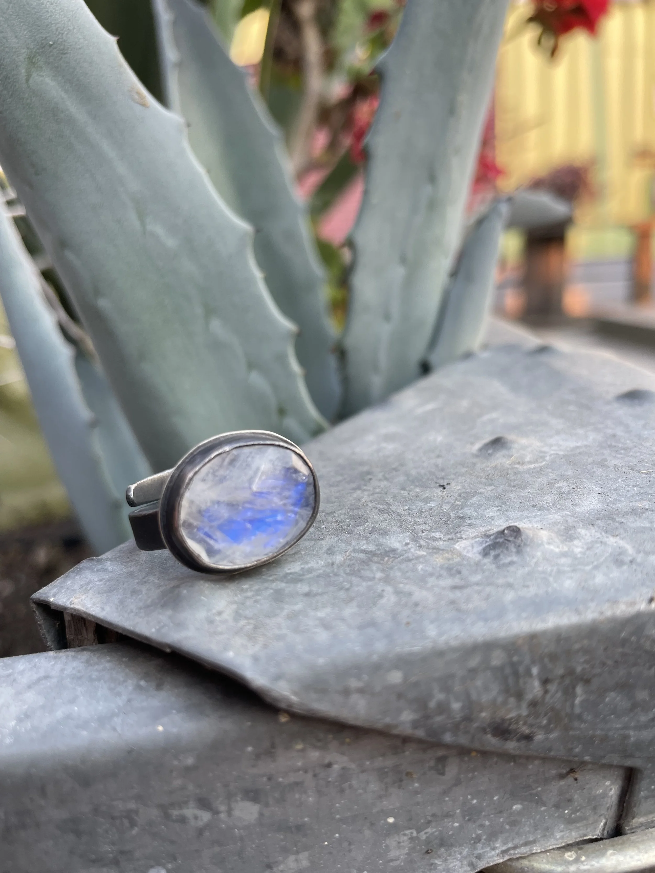 Horizontal Faceted Rainbow Moonstone Ring
