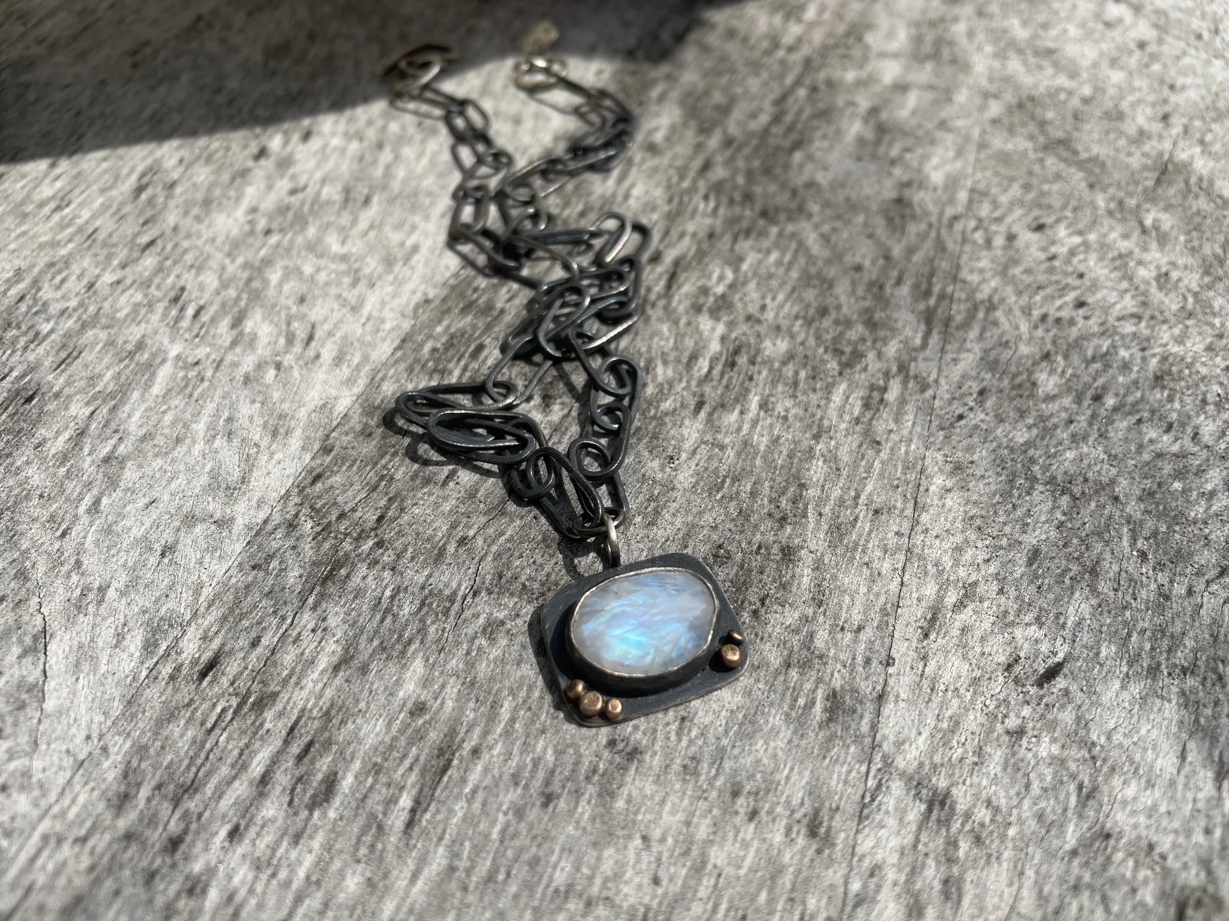 14k Gold Dots & Rainbow Moonstone Necklace
