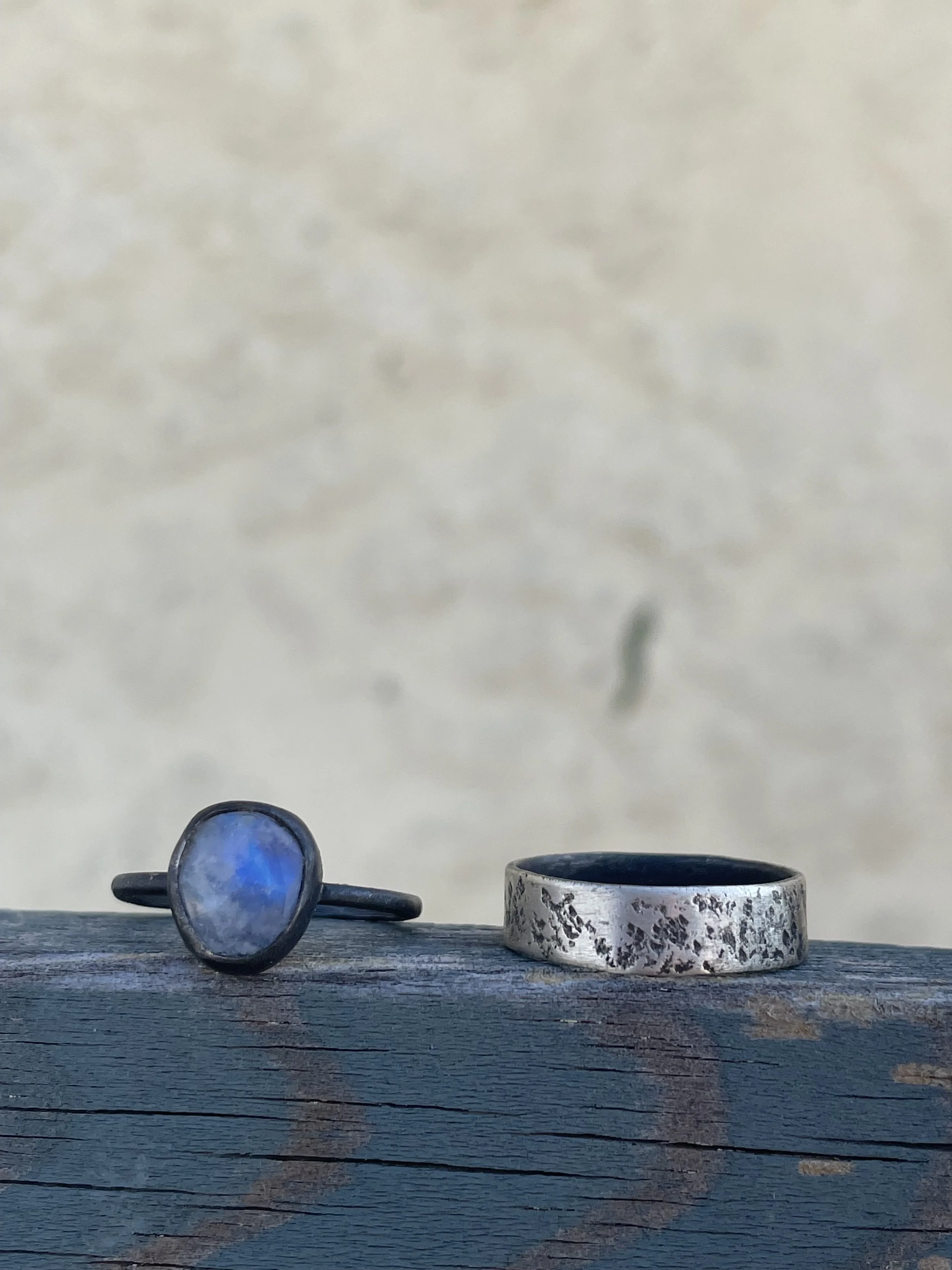Oval Rainbow Moonstone Ring & Textured Band