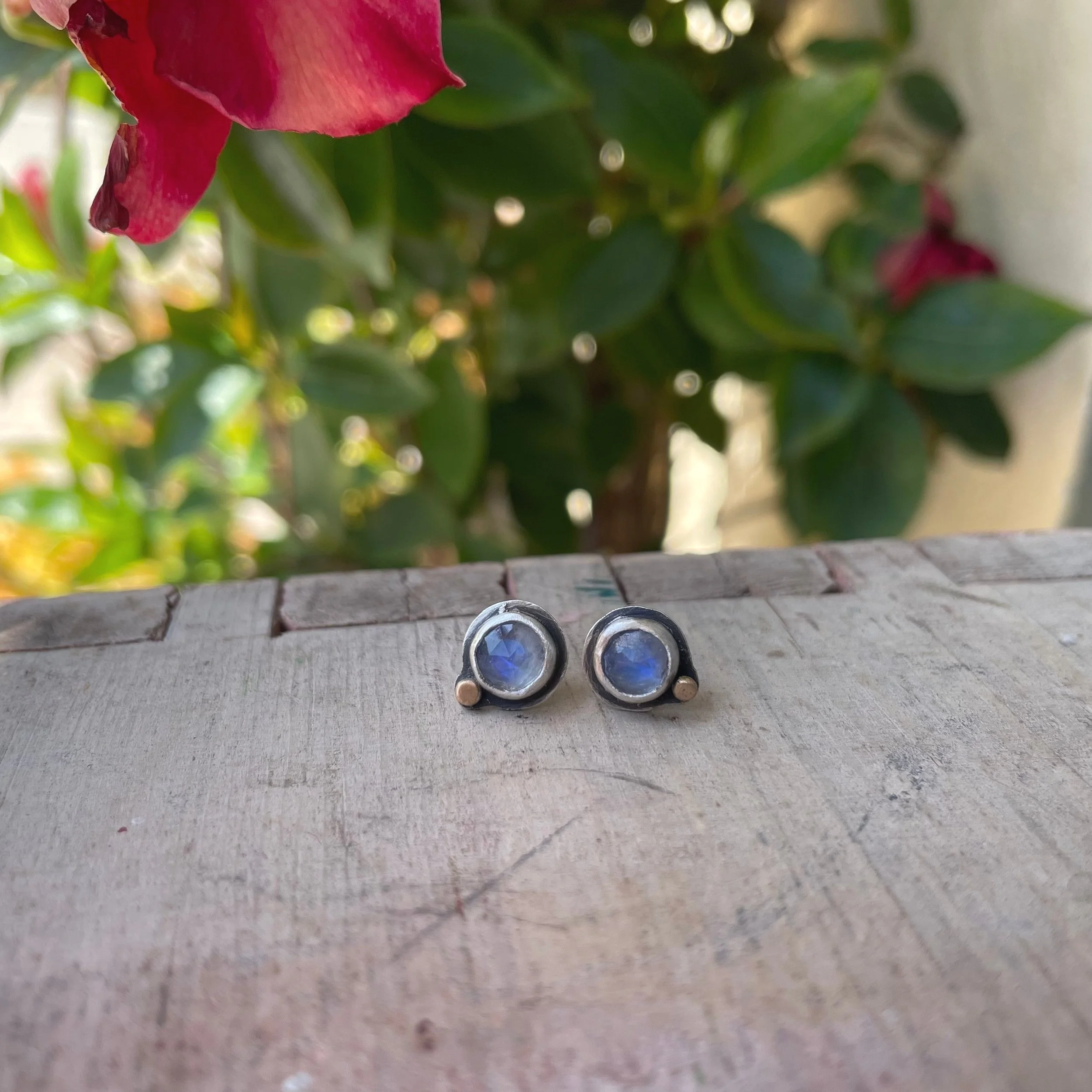 Rainbow Moonstone Posts with 14k Gold