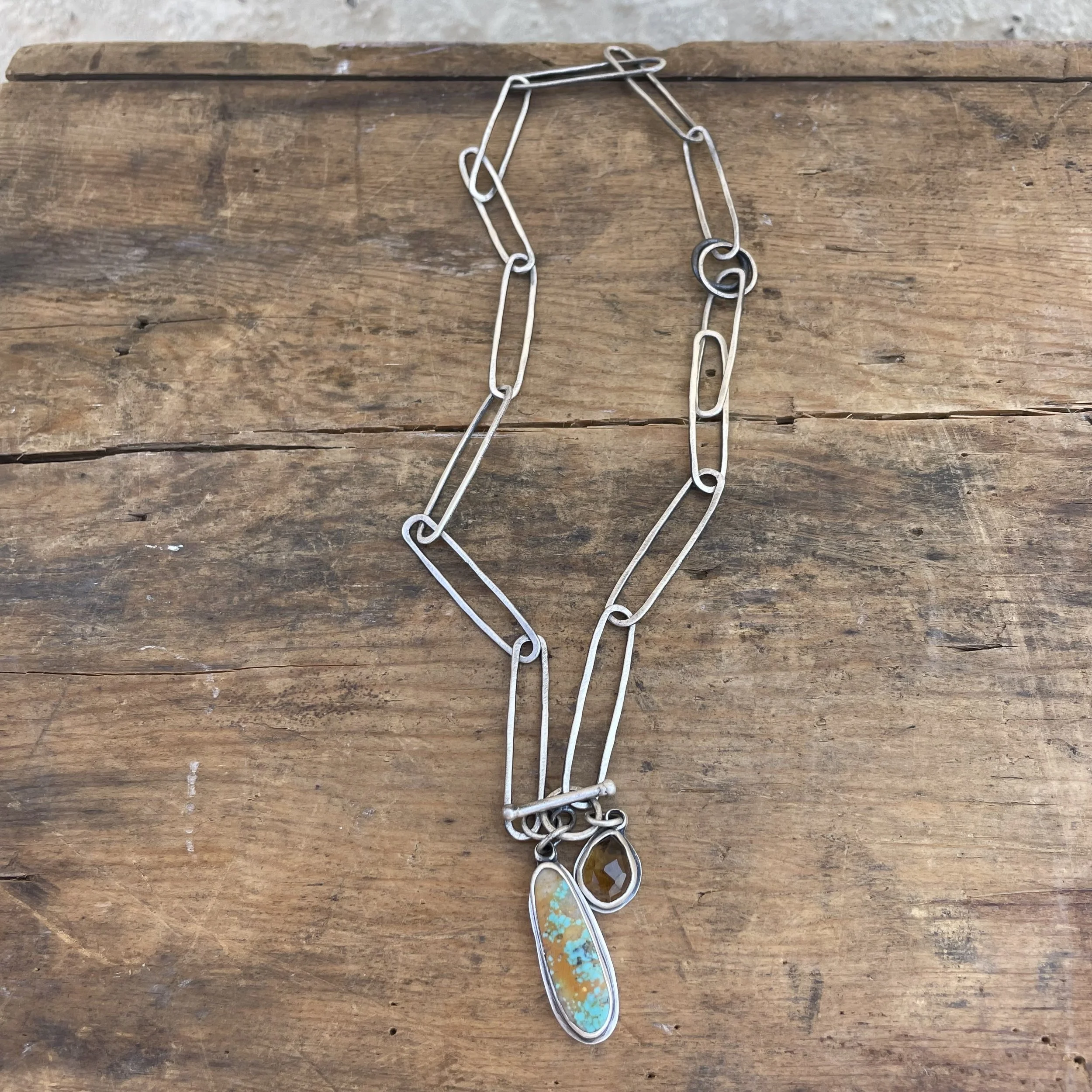 Kingman Turquoise & Beer Quartz Paperclip Necklace