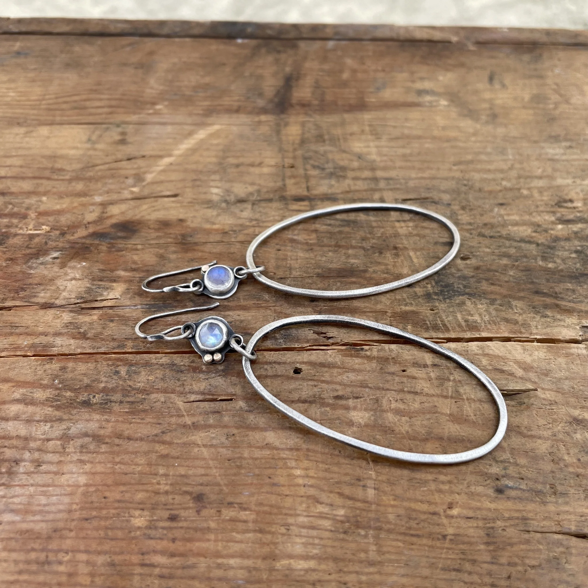 Oval Rainbow Moonstone Hoops with 14k Gold Dots