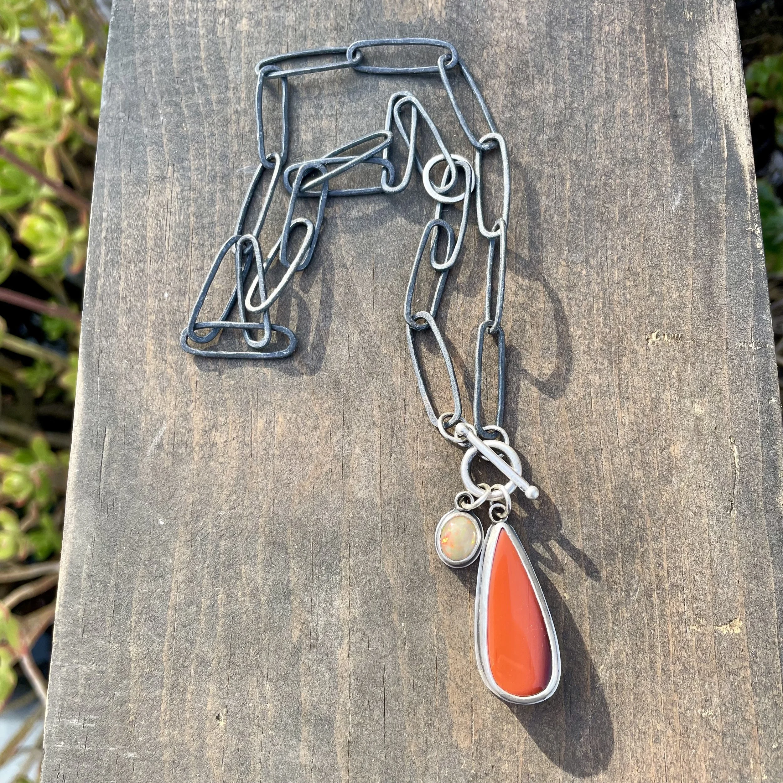 Rosarita and Opal on Long Drawn Chain Link Necklace