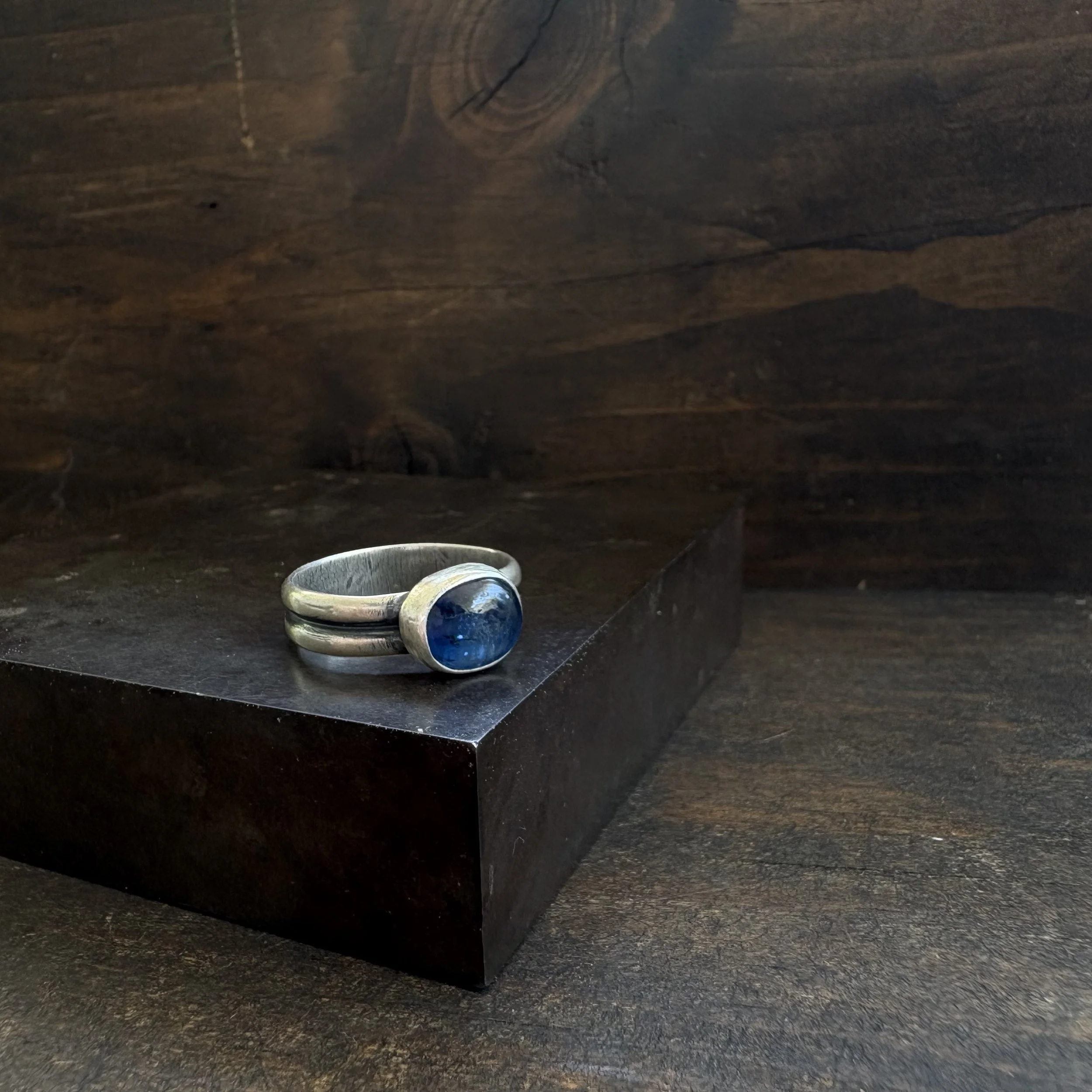 Blue Kyanite Ring on a Double Half Round Band